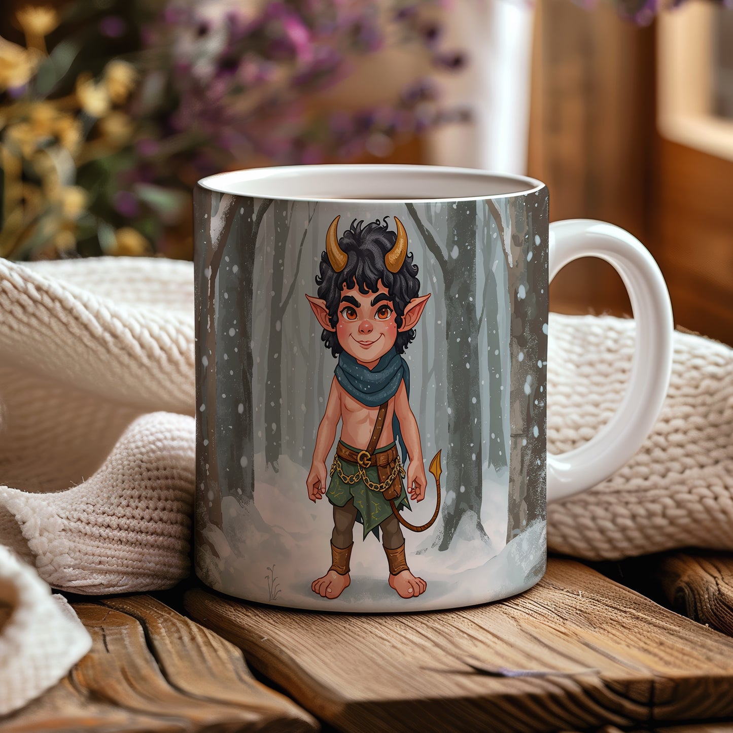 Hrnek s motivem čerta – kouzlo zimního lesa