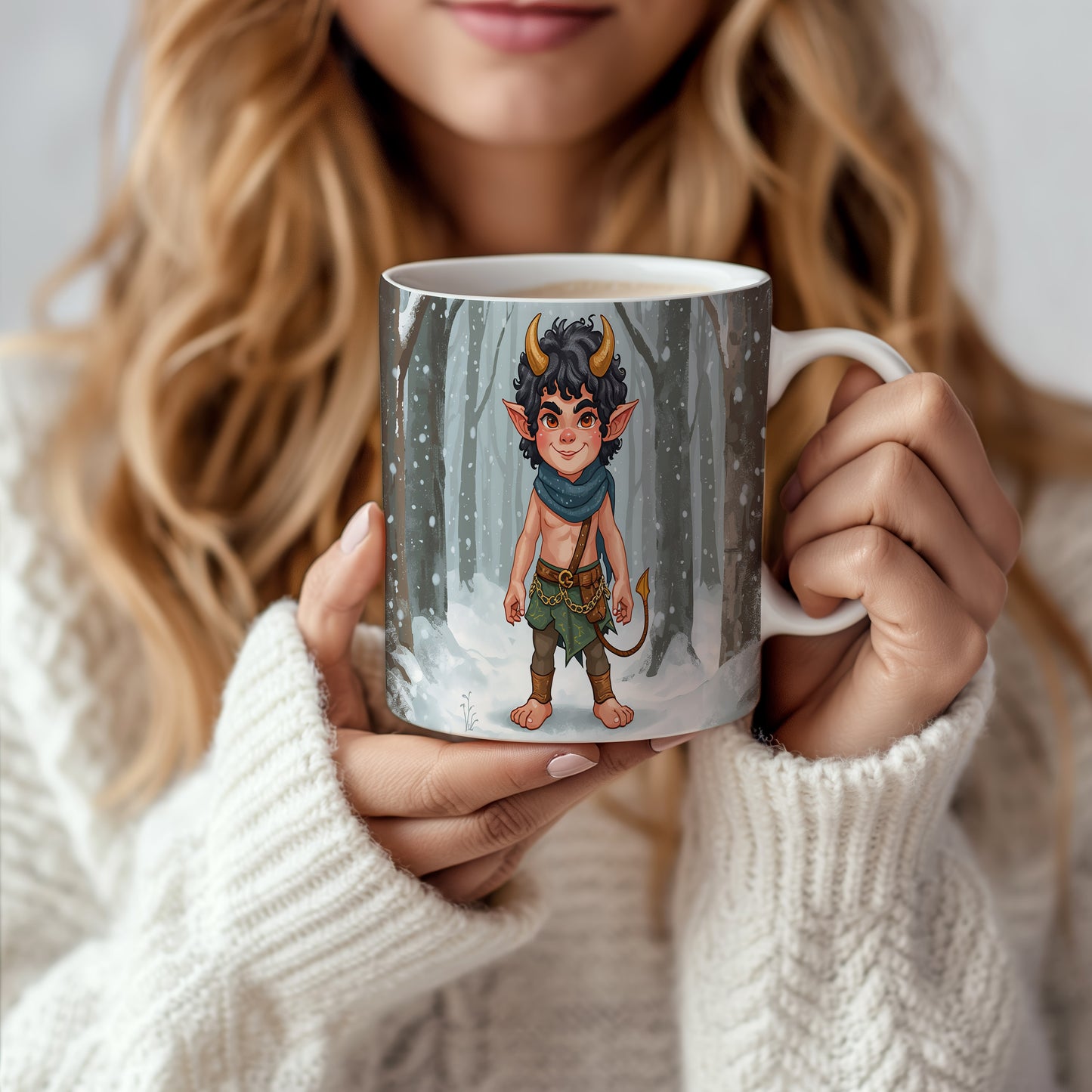 Hrnek s motivem čerta – kouzlo zimního lesa