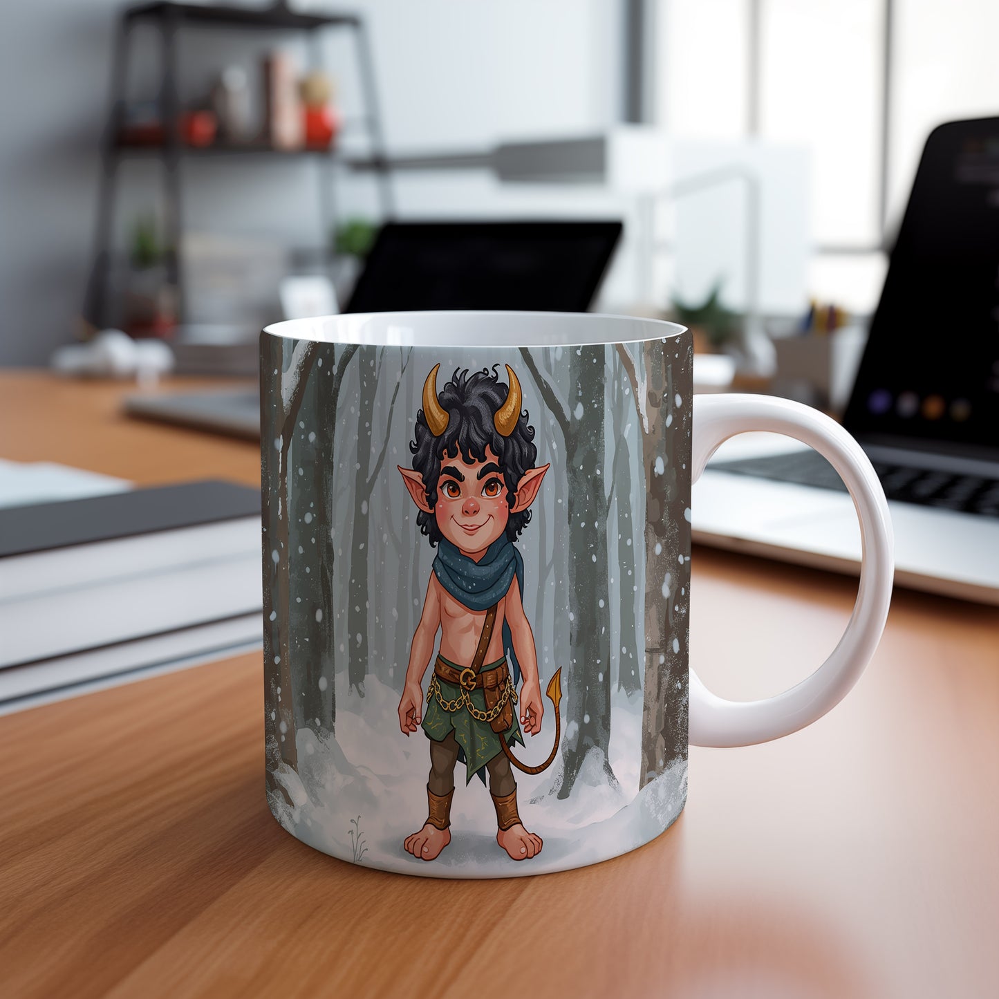 Hrnek s motivem čerta – kouzlo zimního lesa