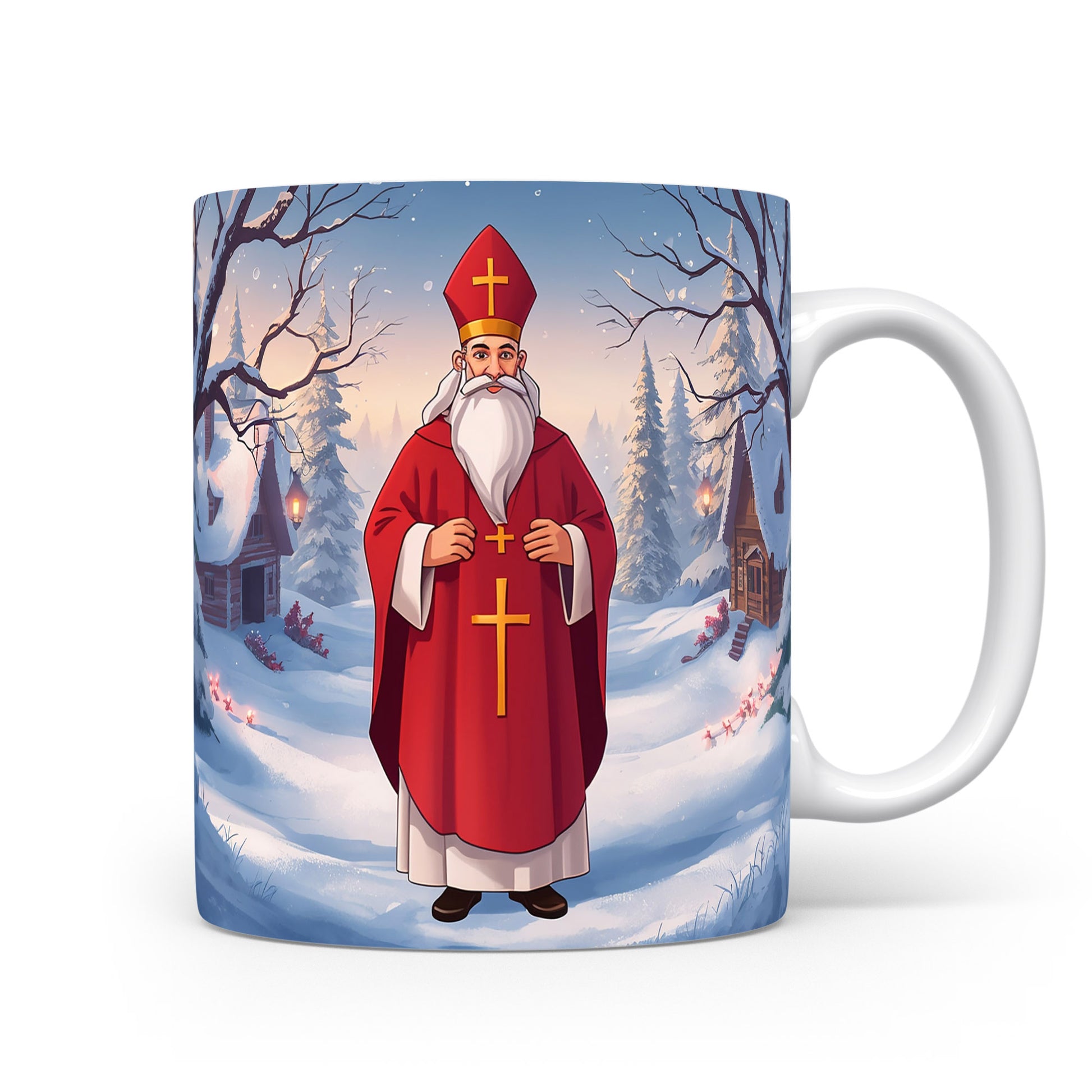 Mikuláš ve sněhové krajině s chaloupkami