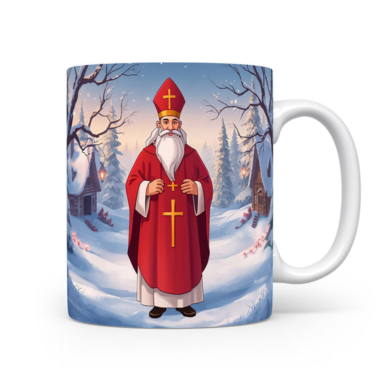 Mikuláš ve sněhové krajině s chaloupkami