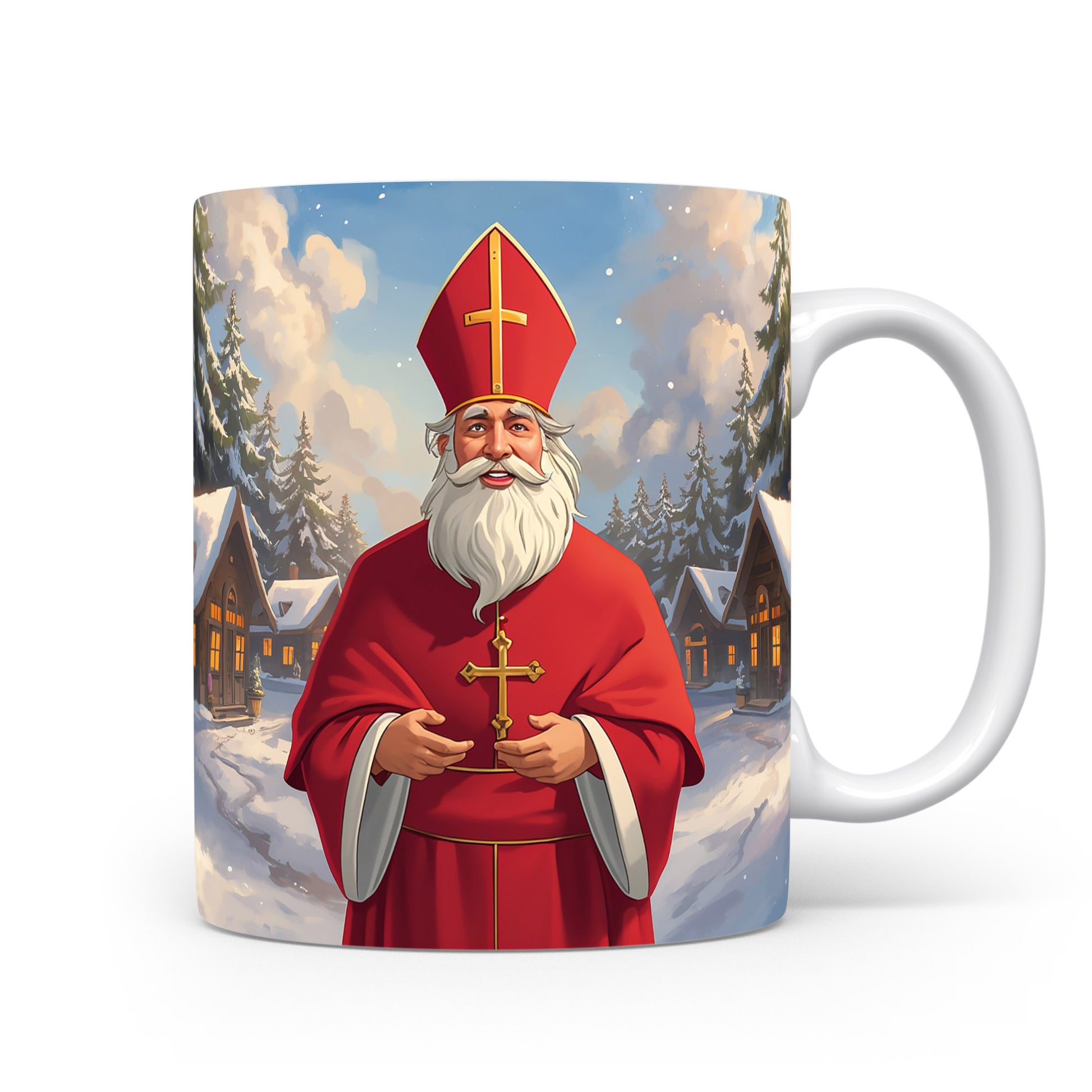 Mikuláš v červeném rouchu před zasněženou vesničkou