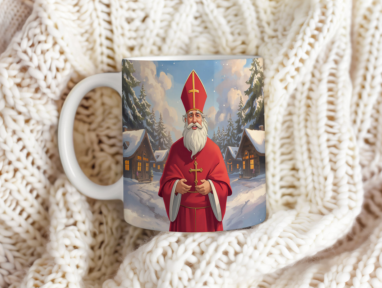Hrnek s motivem Mikuláše – kouzlo zimní vesničky