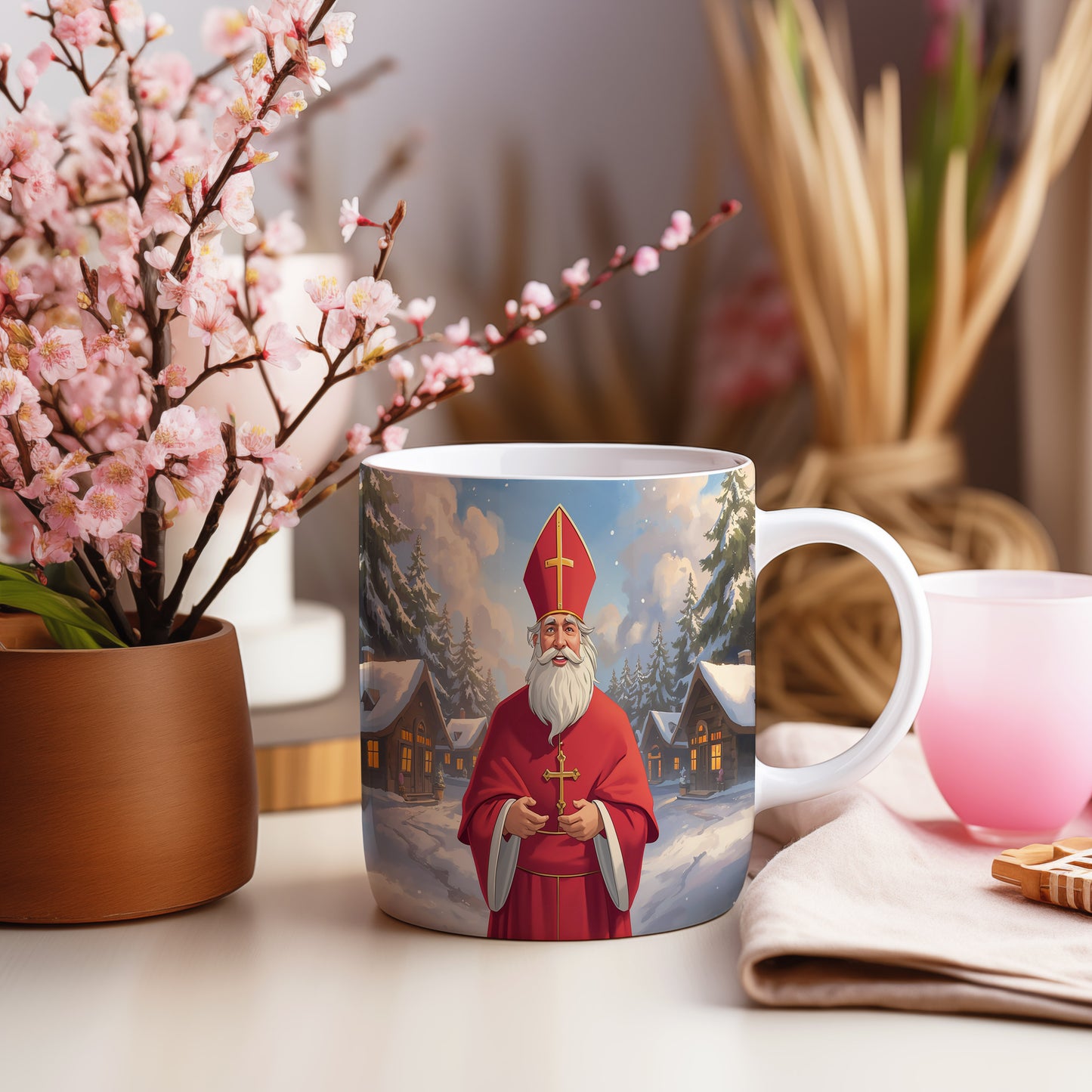 Hrnek s motivem Mikuláše – kouzlo zimní vesničky