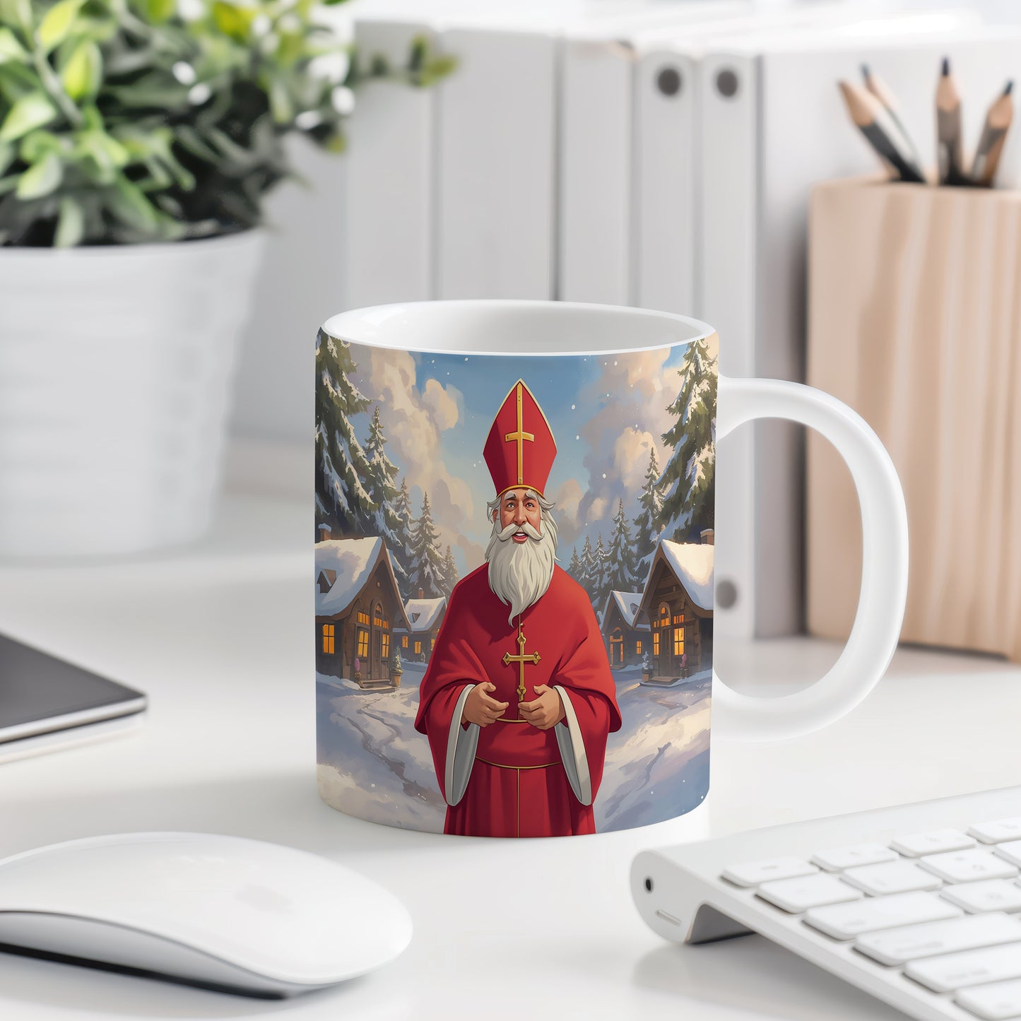 Hrnek s motivem Mikuláše – kouzlo zimní vesničky