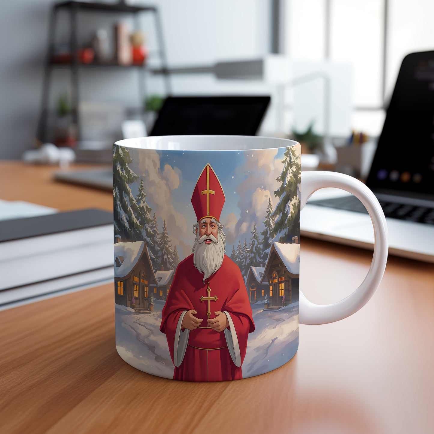 Hrnek s motivem Mikuláše – kouzlo zimní vesničky