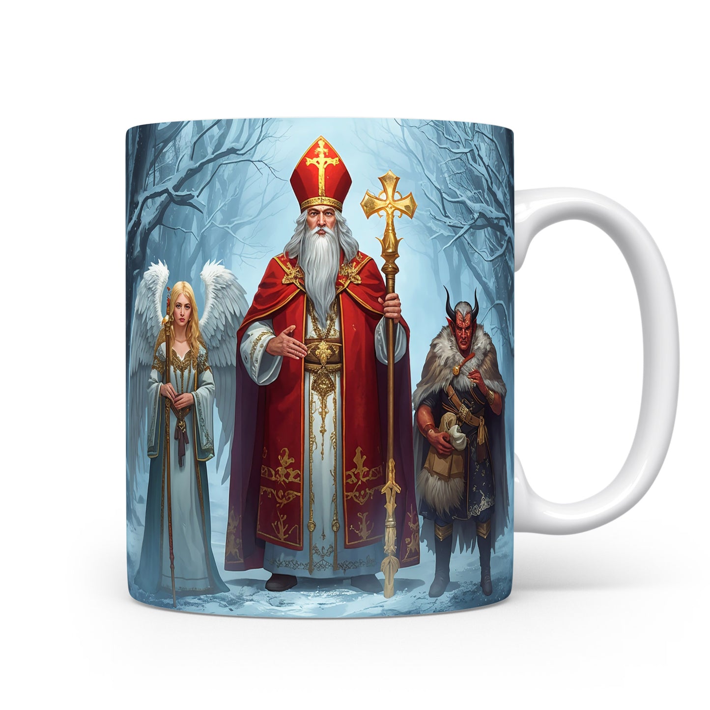 Mikuláš, čert a anděl v kouzelném zimním lese