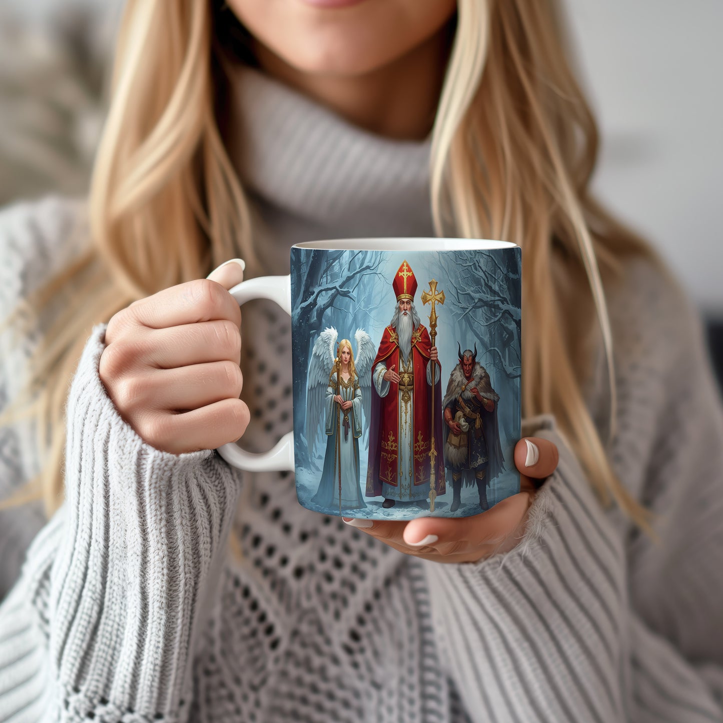 Hrnek s motivem Mikuláše, čerta a anděla – kouzelný zimní les