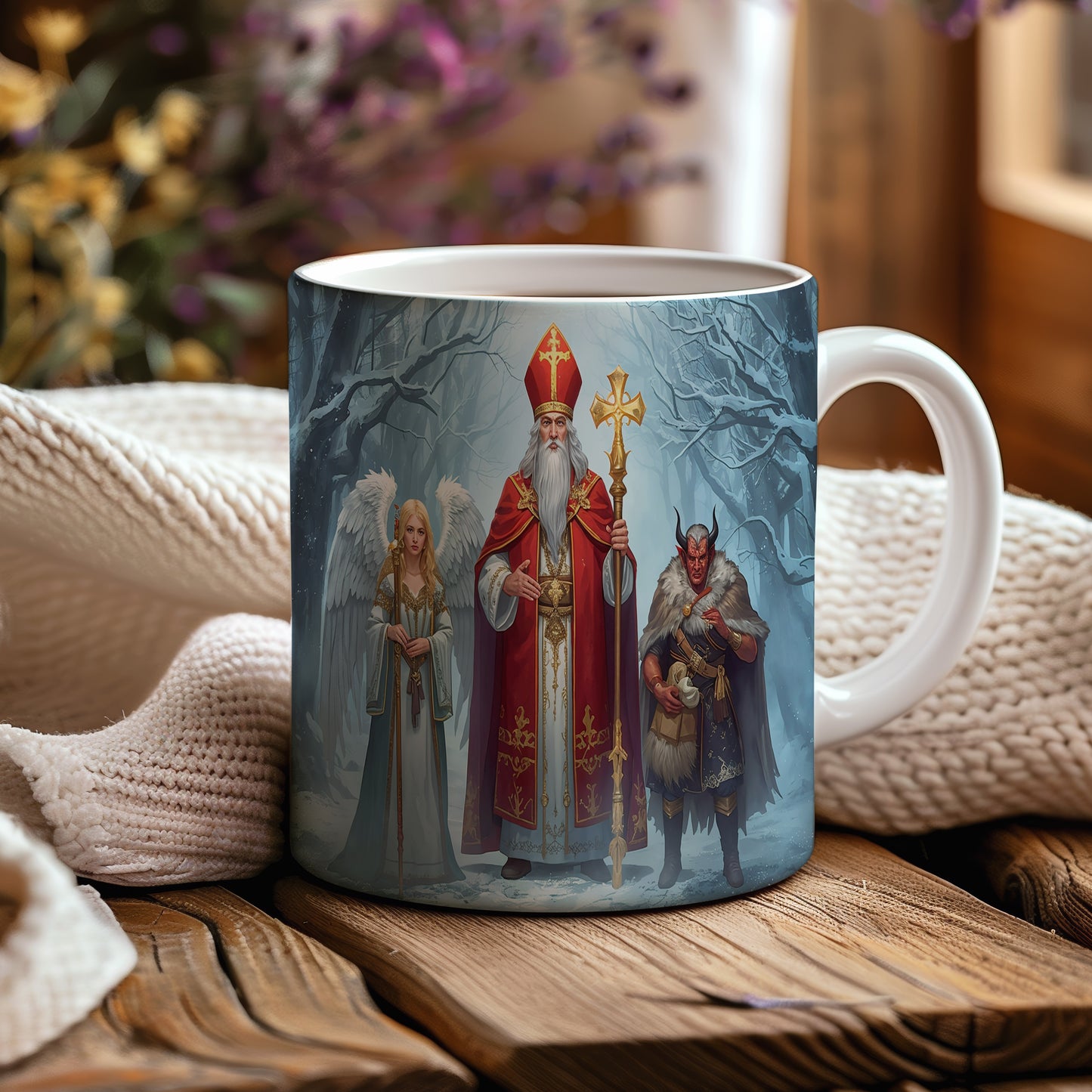 Hrnek s motivem Mikuláše, čerta a anděla – kouzelný zimní les