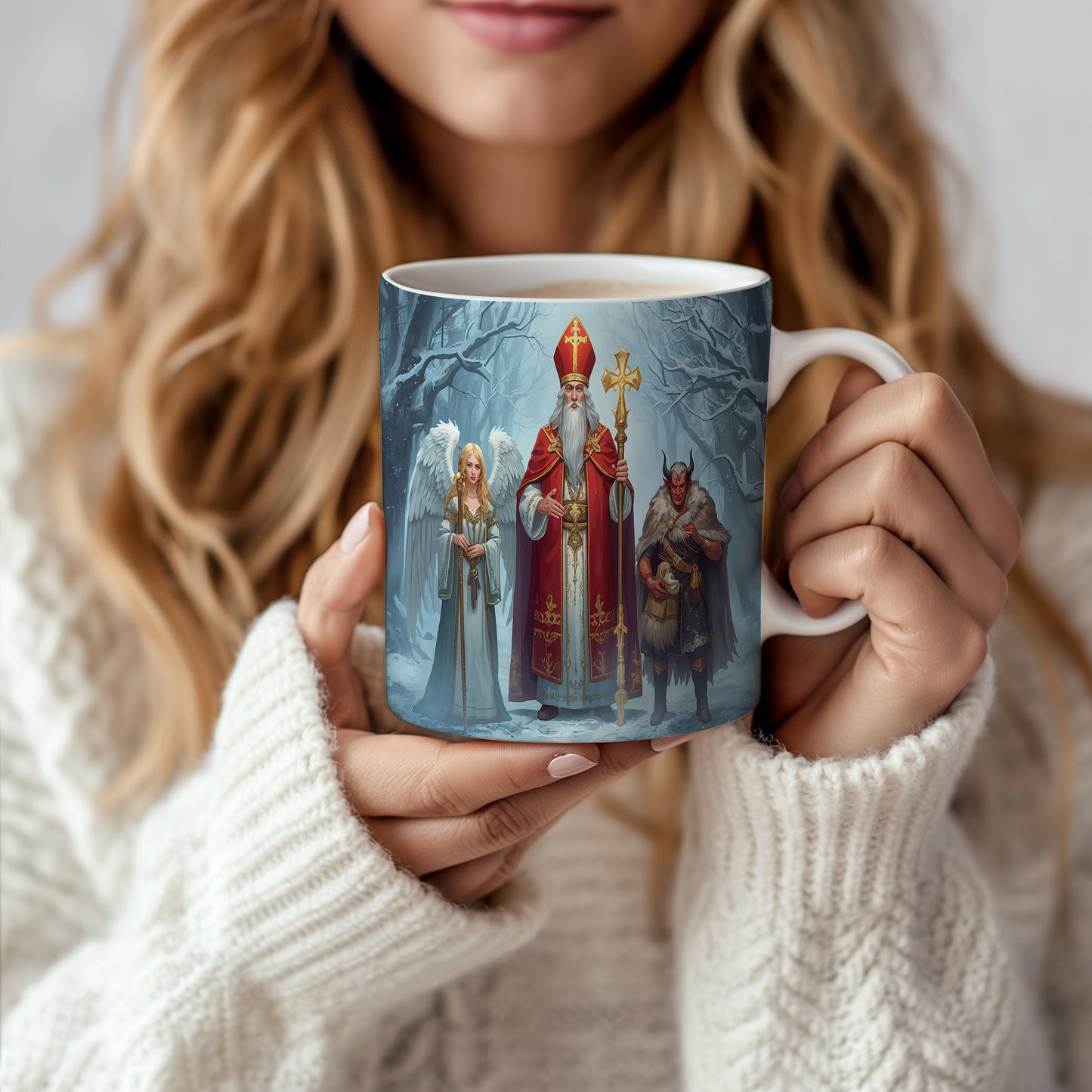 Hrnek s motivem Mikuláše, čerta a anděla – kouzelný zimní les