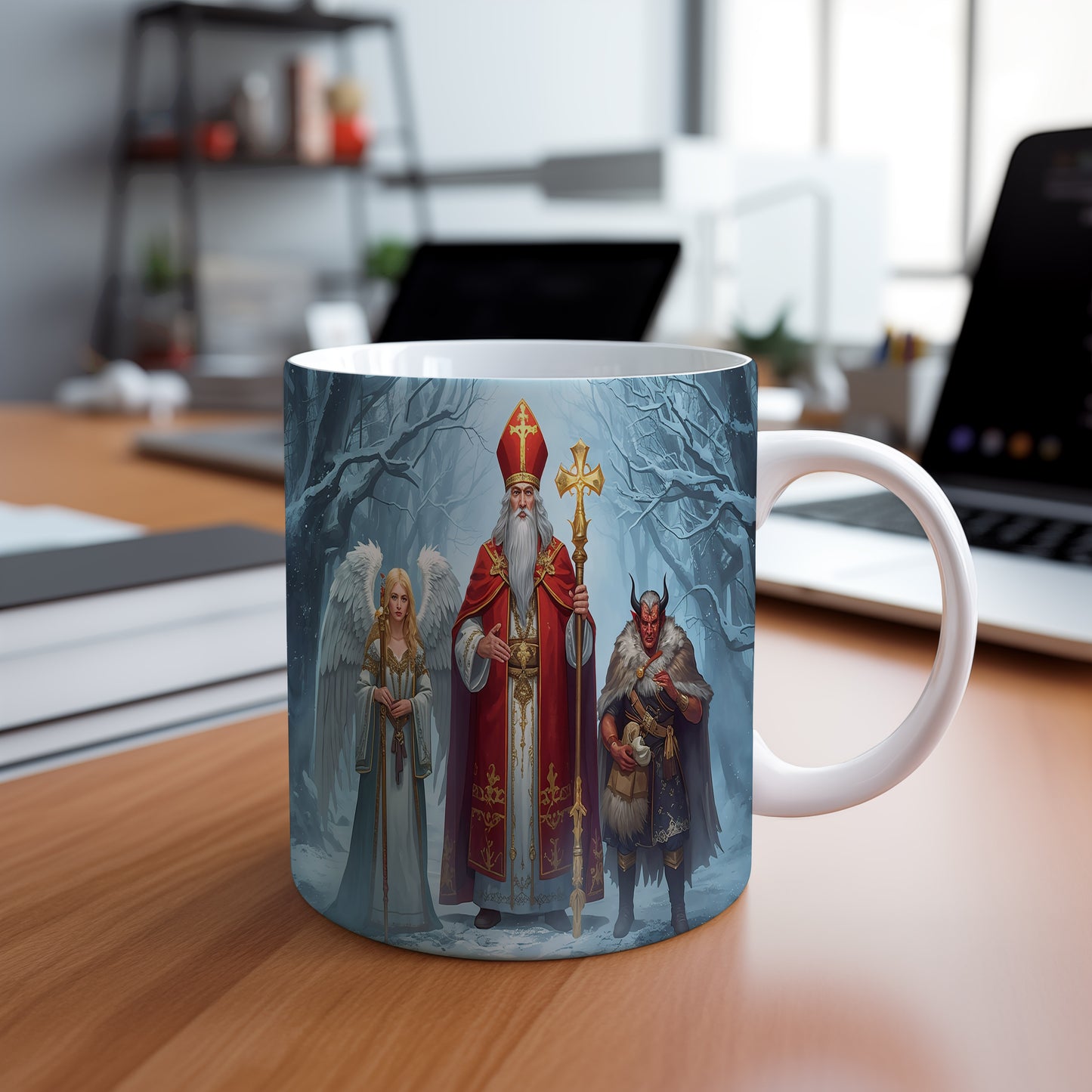 Hrnek s motivem Mikuláše, čerta a anděla – kouzelný zimní les