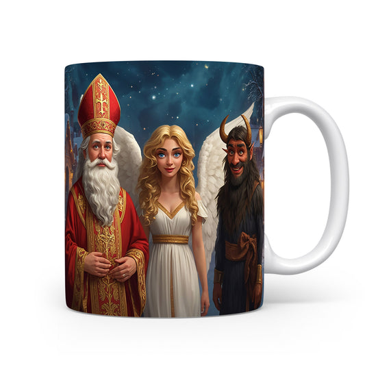 Hrnek s Mikulášem, čertem a andělem pod hvězdnou oblohou