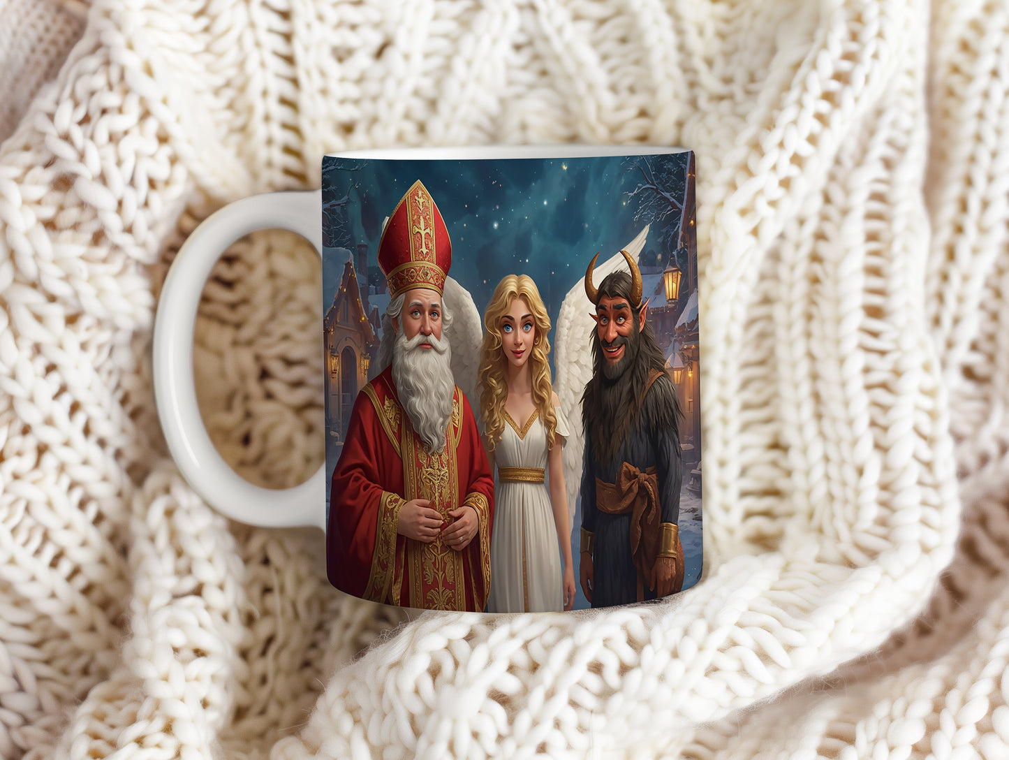 Hrnek s motivem Mikuláše, čerta a anděla – pohádková noční obloha