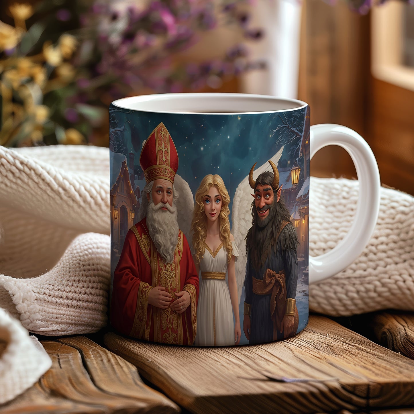 Hrnek s motivem Mikuláše, čerta a anděla – pohádková noční obloha