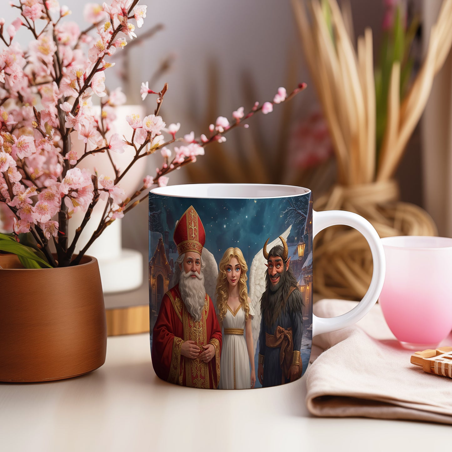 Hrnek s motivem Mikuláše, čerta a anděla – pohádková noční obloha