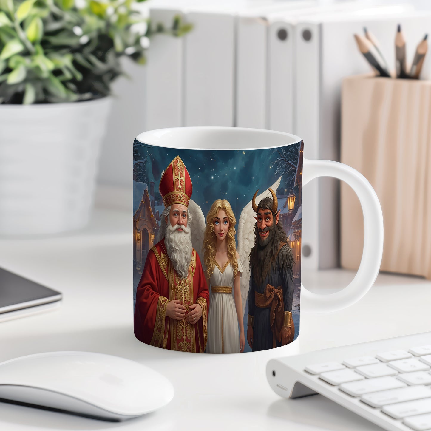 Hrnek s motivem Mikuláše, čerta a anděla – pohádková noční obloha