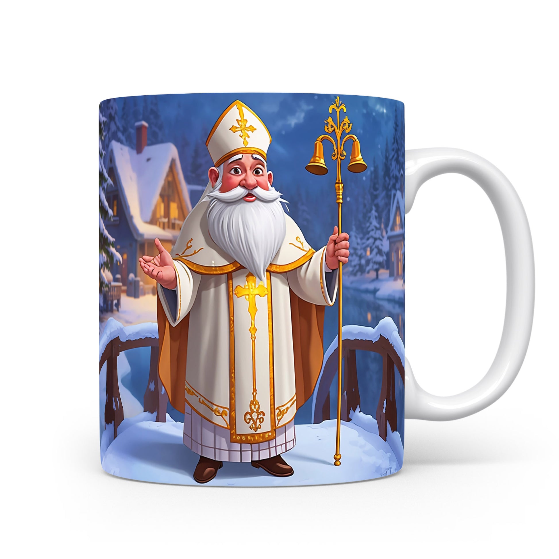 Hrnek s Mikulášem na zasněženém mostě v zimní vesnici