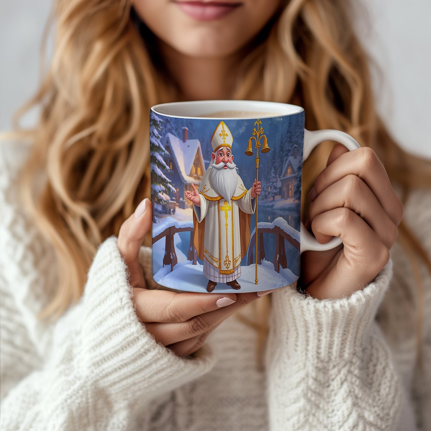 Hrnek s motivem Mikuláše – zasněžený most