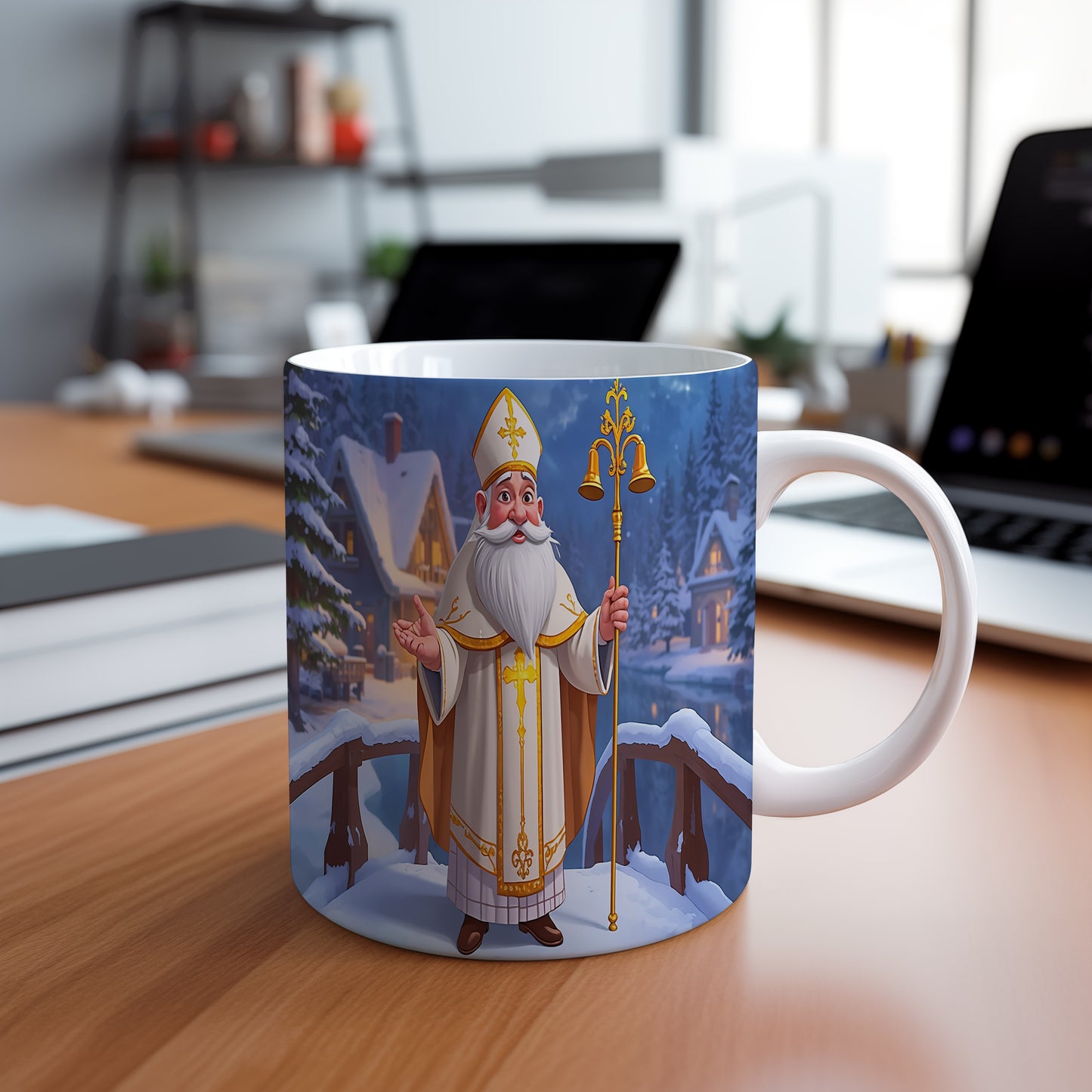 Hrnek s motivem Mikuláše – zasněžený most