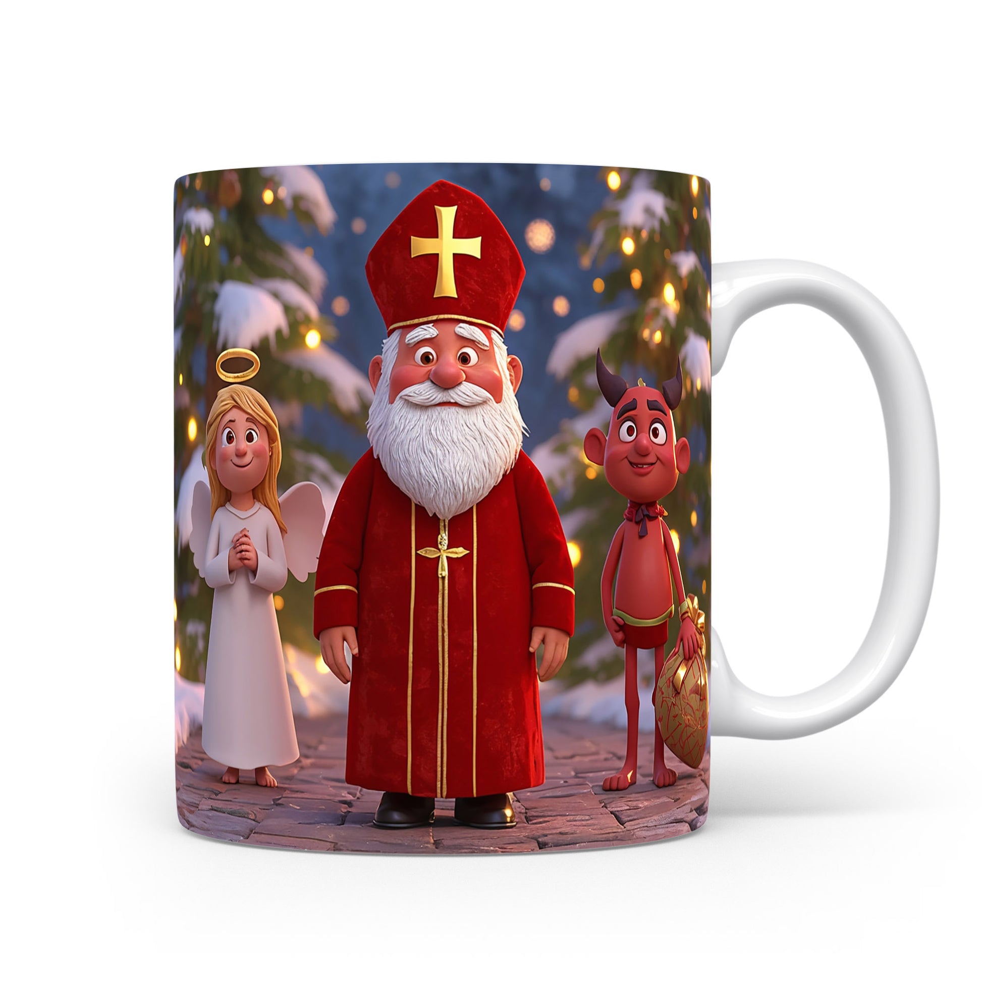 Mikuláš, čert a anděl před zasněženou vesničkou