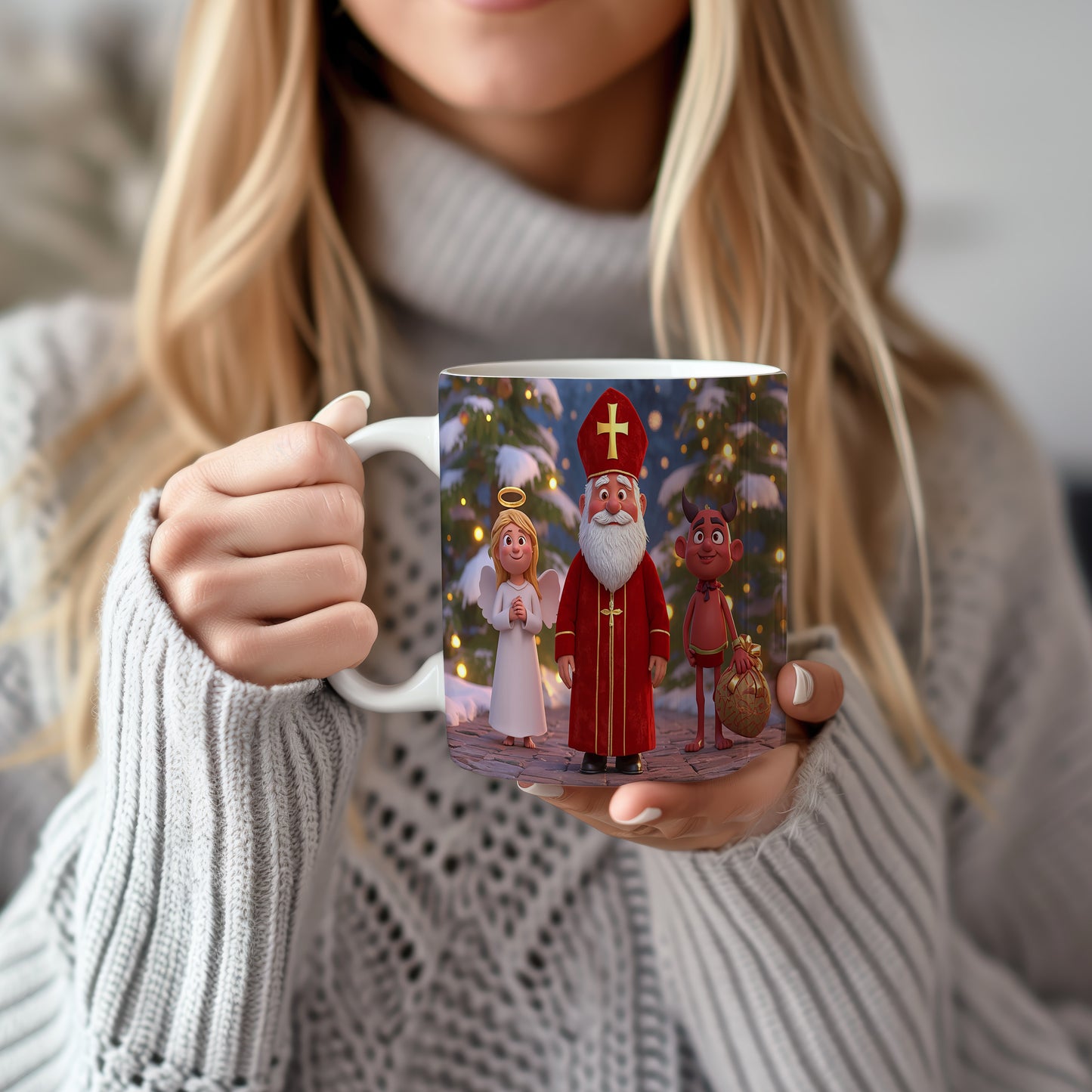 Hrnek s motivem Mikuláše, čerta a anděla – zimní vesnička