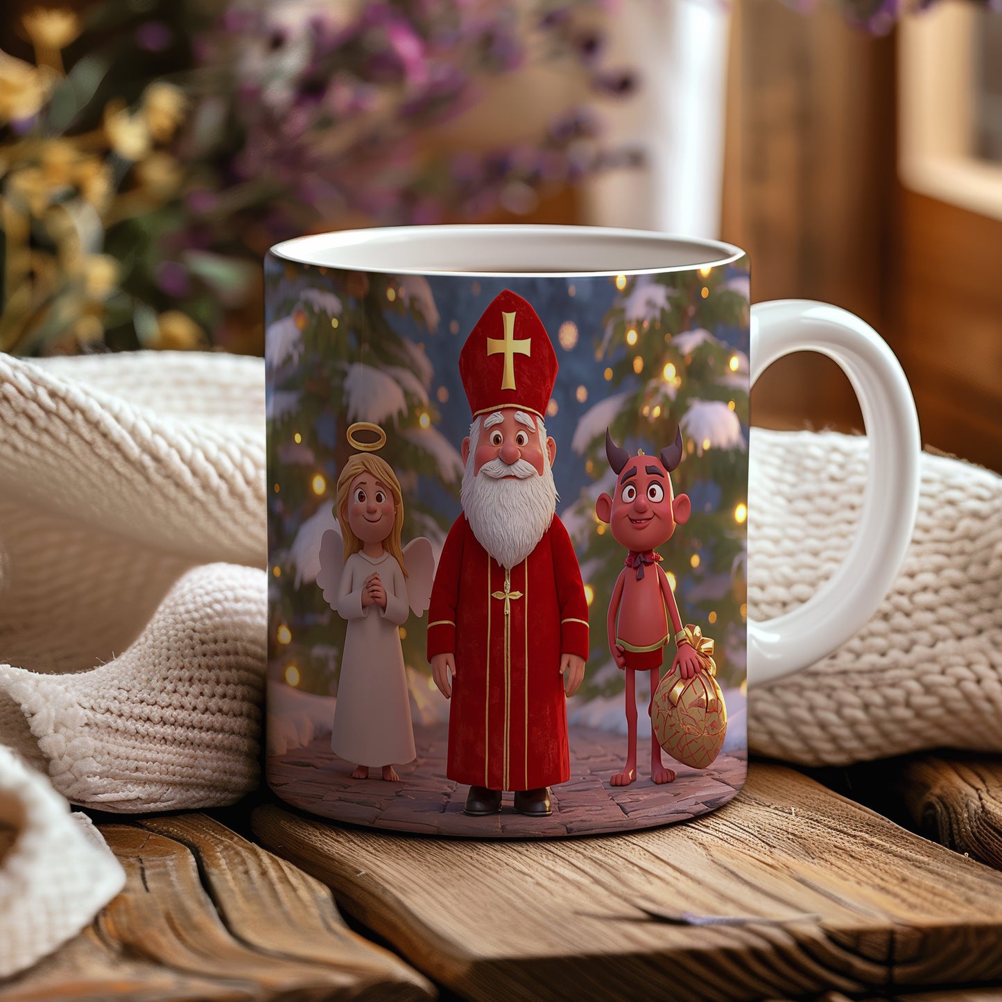 Hrnek s motivem Mikuláše, čerta a anděla – zimní vesnička