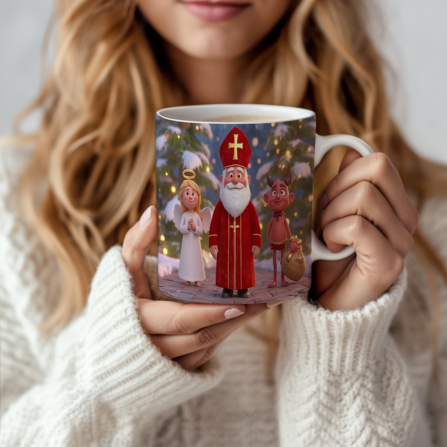 Hrnek s motivem Mikuláše, čerta a anděla – zimní vesnička