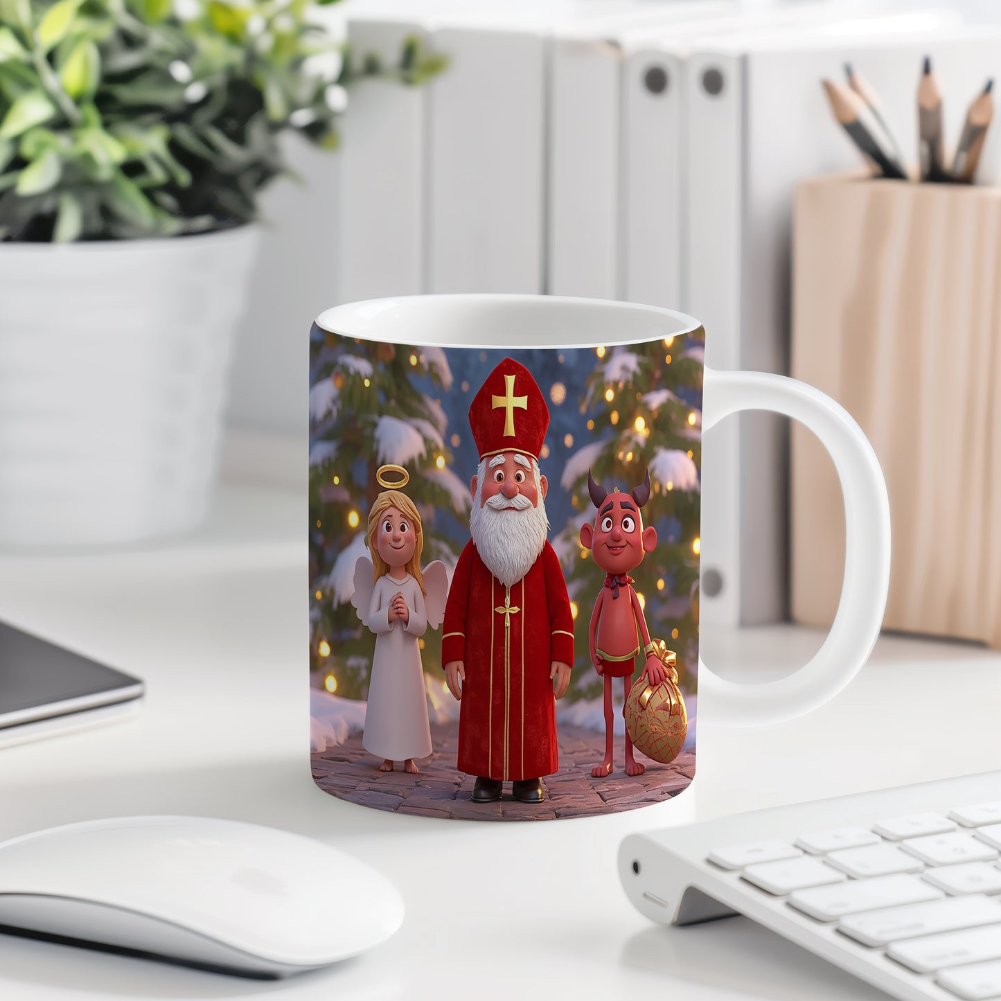 Hrnek s motivem Mikuláše, čerta a anděla – zimní vesnička