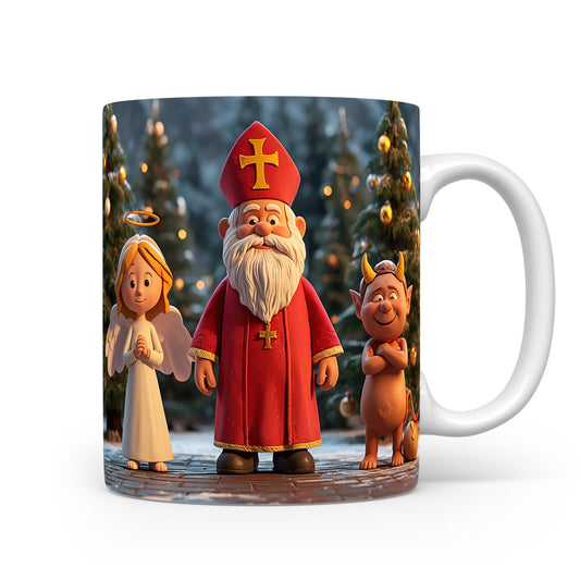 Mikuláš, čert a anděl před zasněženými stromy