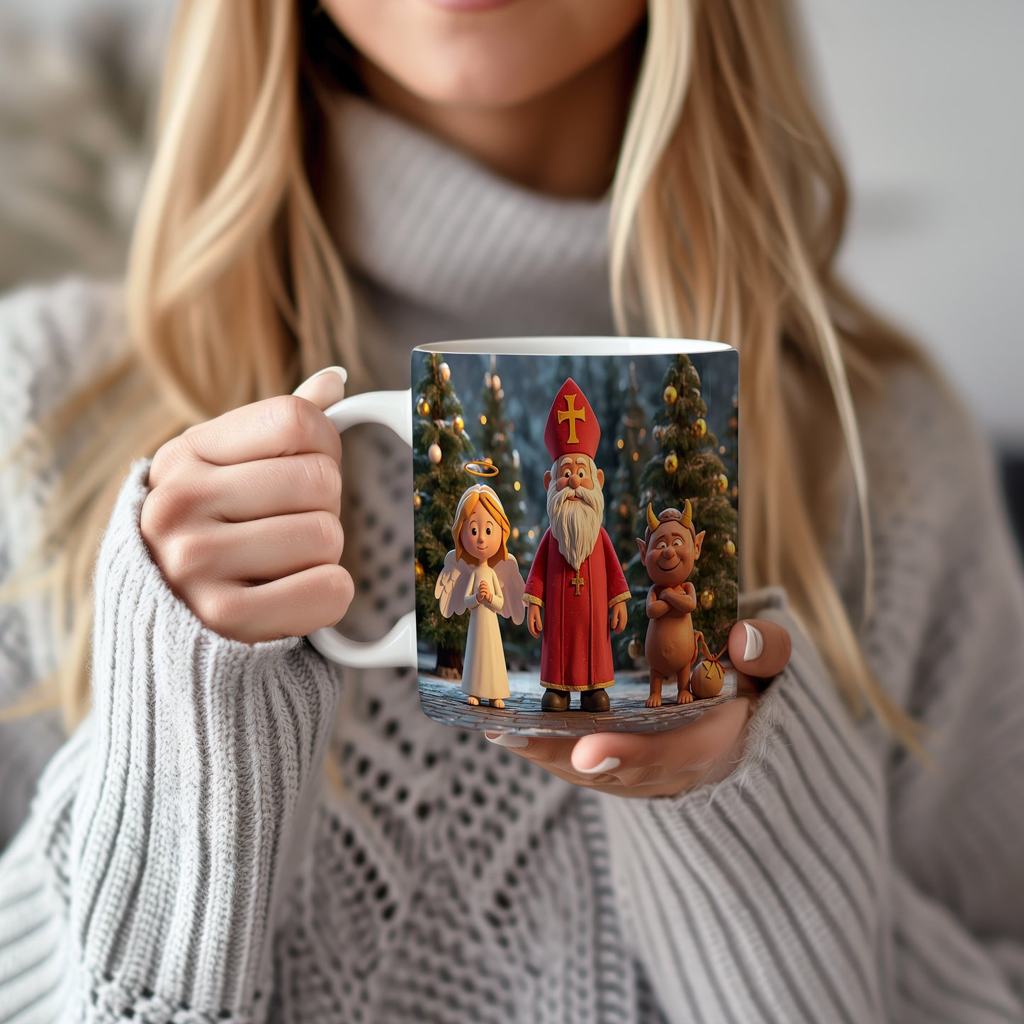 Hrnek s motivem Mikuláše, čerta a anděla – slavnostní zimní noc