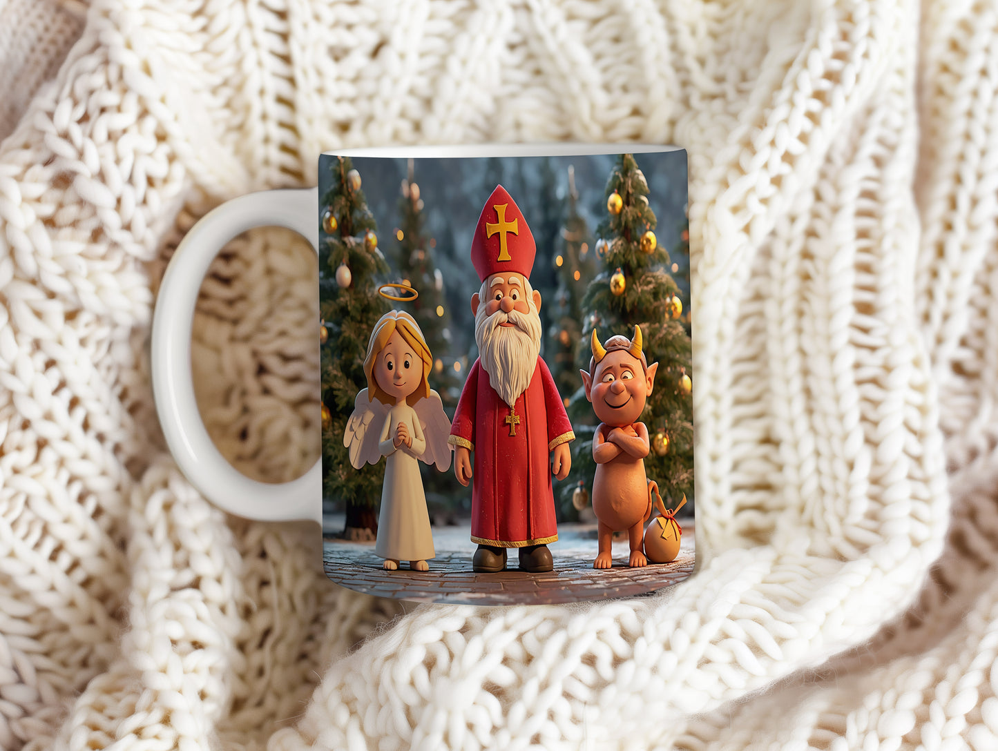 Hrnek s motivem Mikuláše, čerta a anděla – slavnostní zimní noc