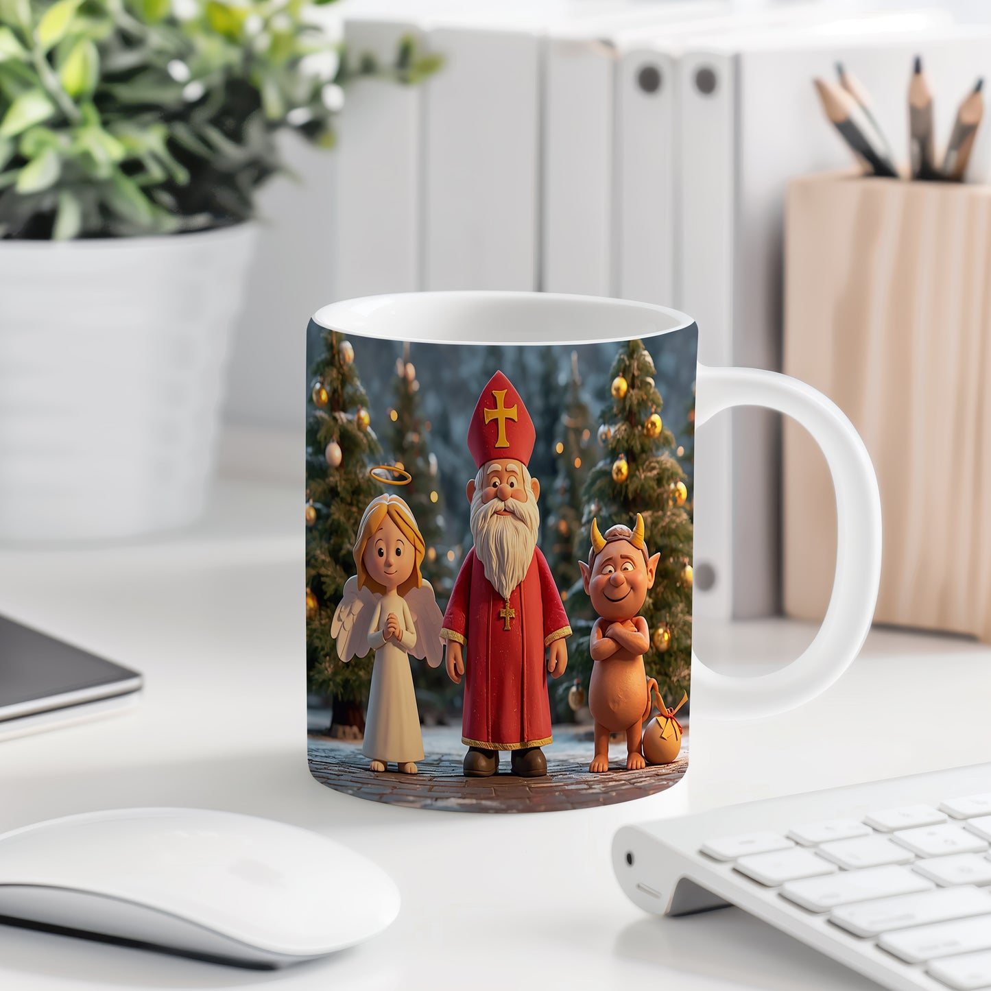 Hrnek s motivem Mikuláše, čerta a anděla – slavnostní zimní noc