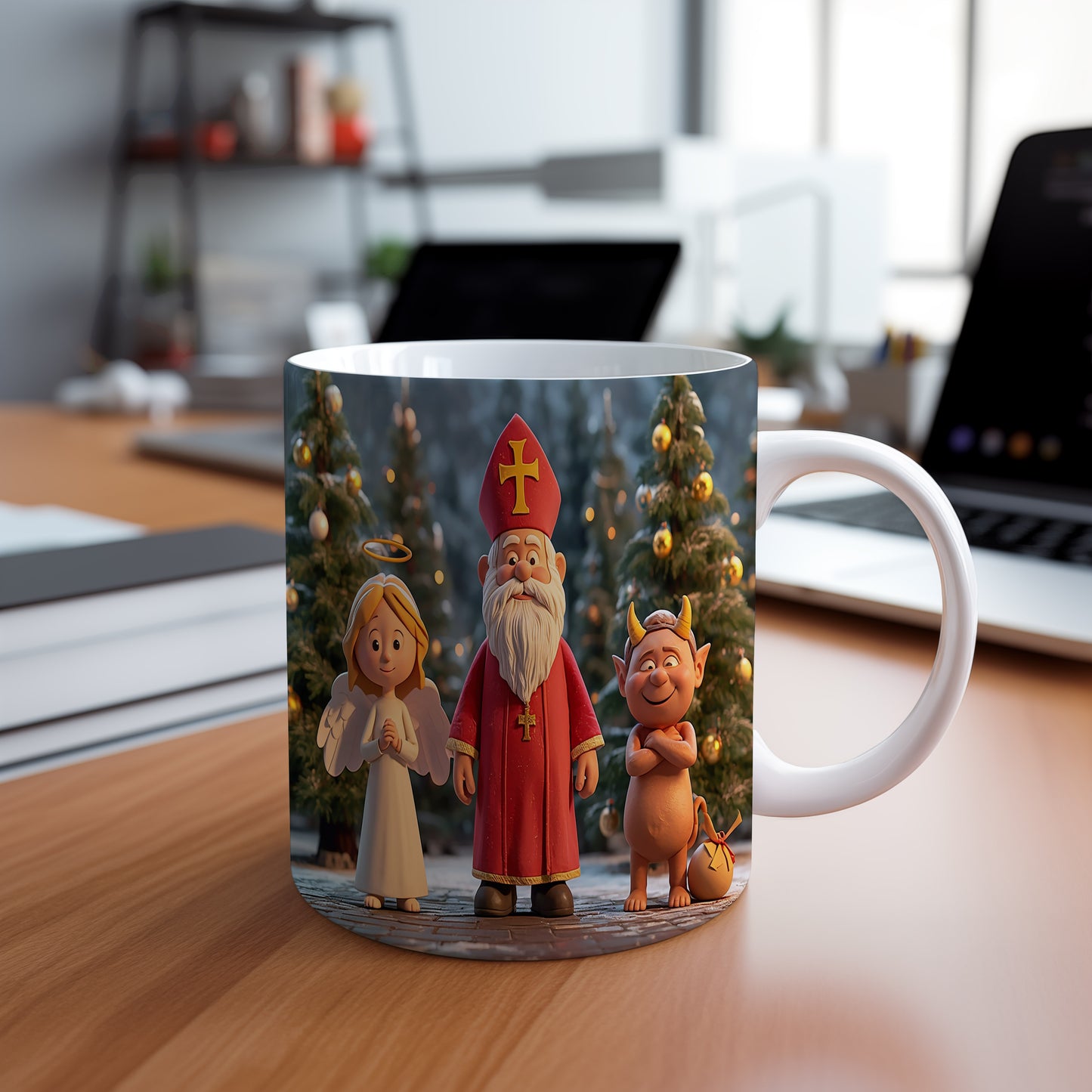 Hrnek s motivem Mikuláše, čerta a anděla – slavnostní zimní noc