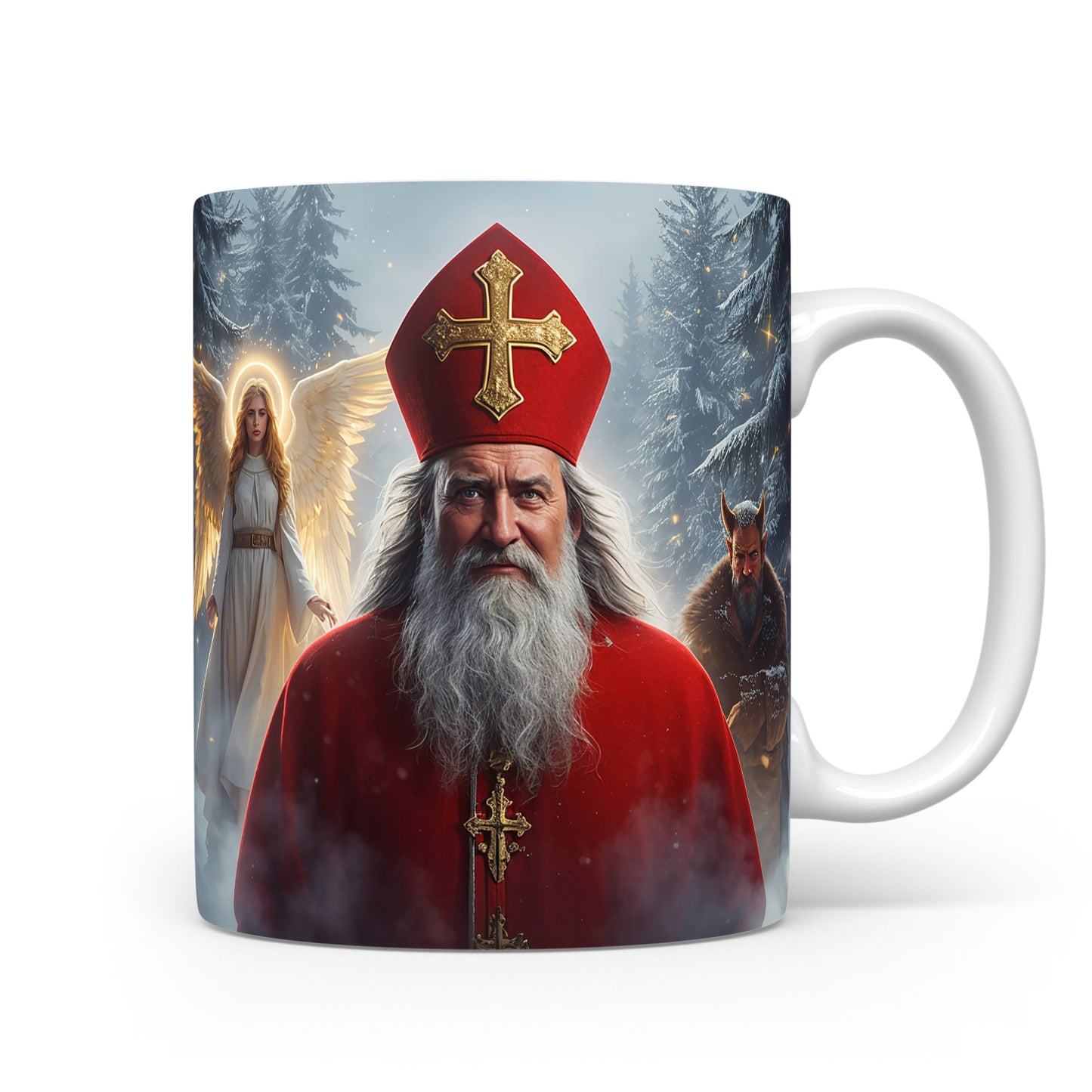 Hrnek s Mikulášem, čertem a andělem před zimním lesem