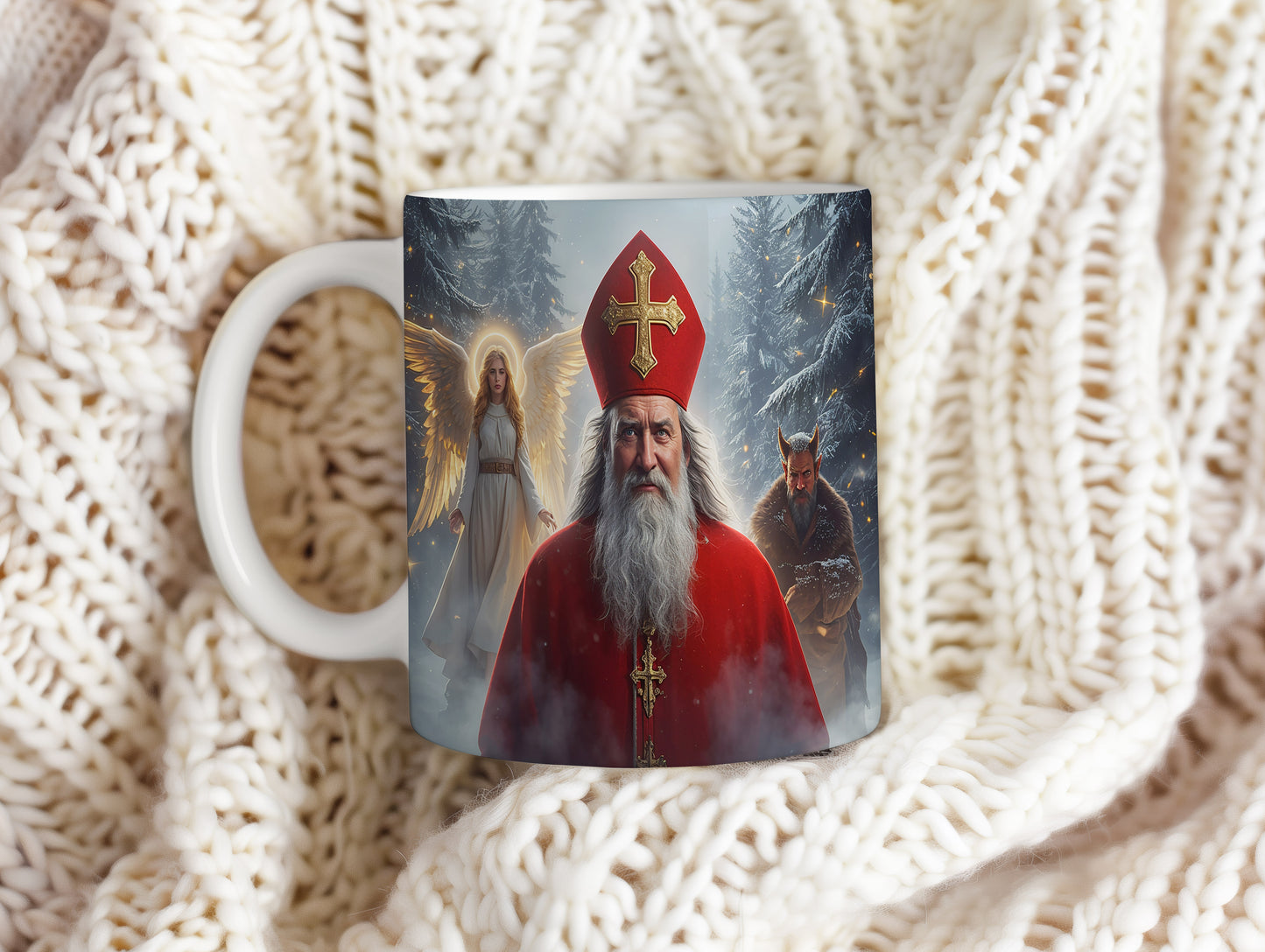 Hrnek s motivem Mikuláše, čerta a anděla – mrazivá zimní zář