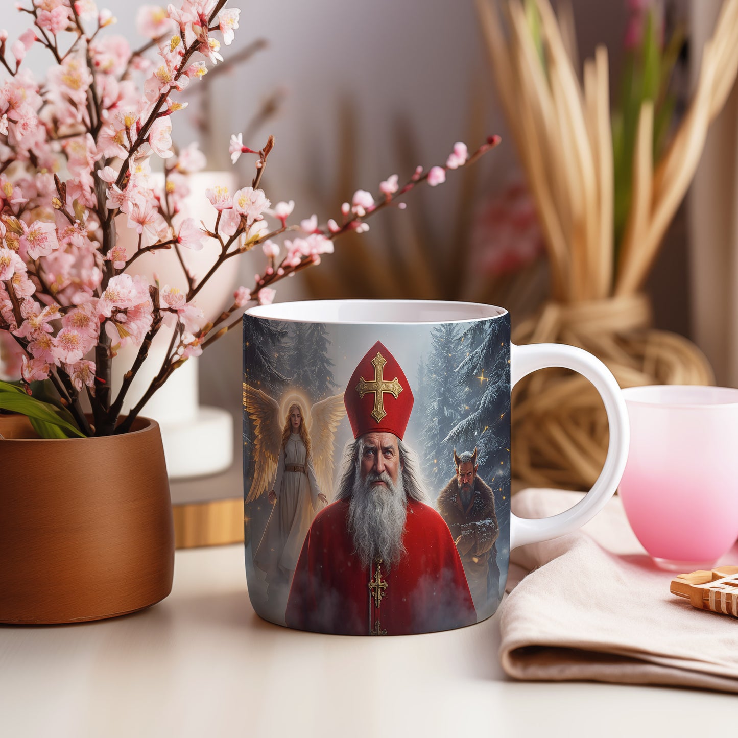 Hrnek s motivem Mikuláše, čerta a anděla – mrazivá zimní zář