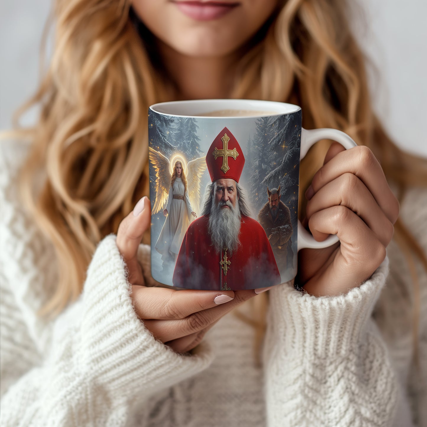 Hrnek s motivem Mikuláše, čerta a anděla – mrazivá zimní zář