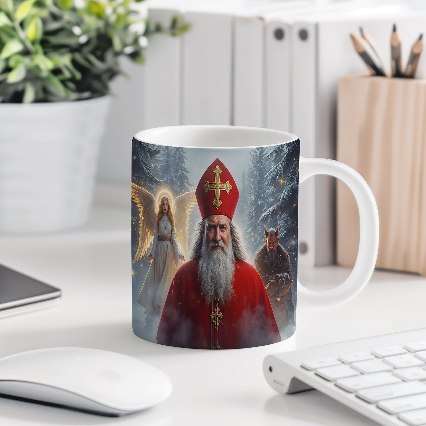 Hrnek s motivem Mikuláše, čerta a anděla – mrazivá zimní zář