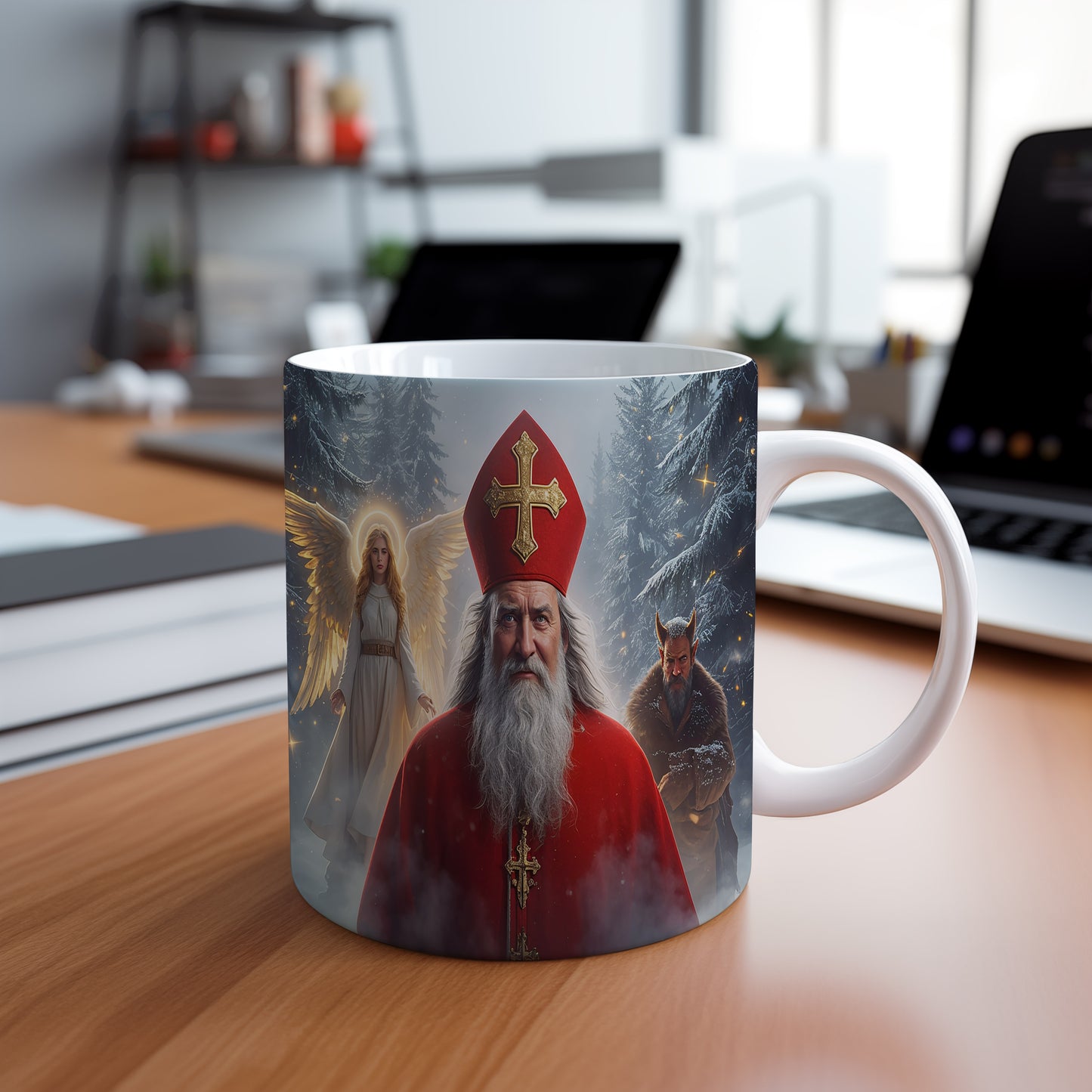 Hrnek s motivem Mikuláše, čerta a anděla – mrazivá zimní zář