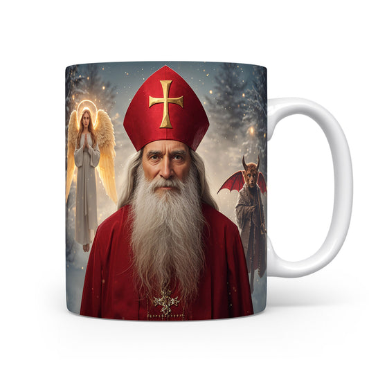 Mikuláš, čert a anděl na zimním poli pod hvězdnou oblohou