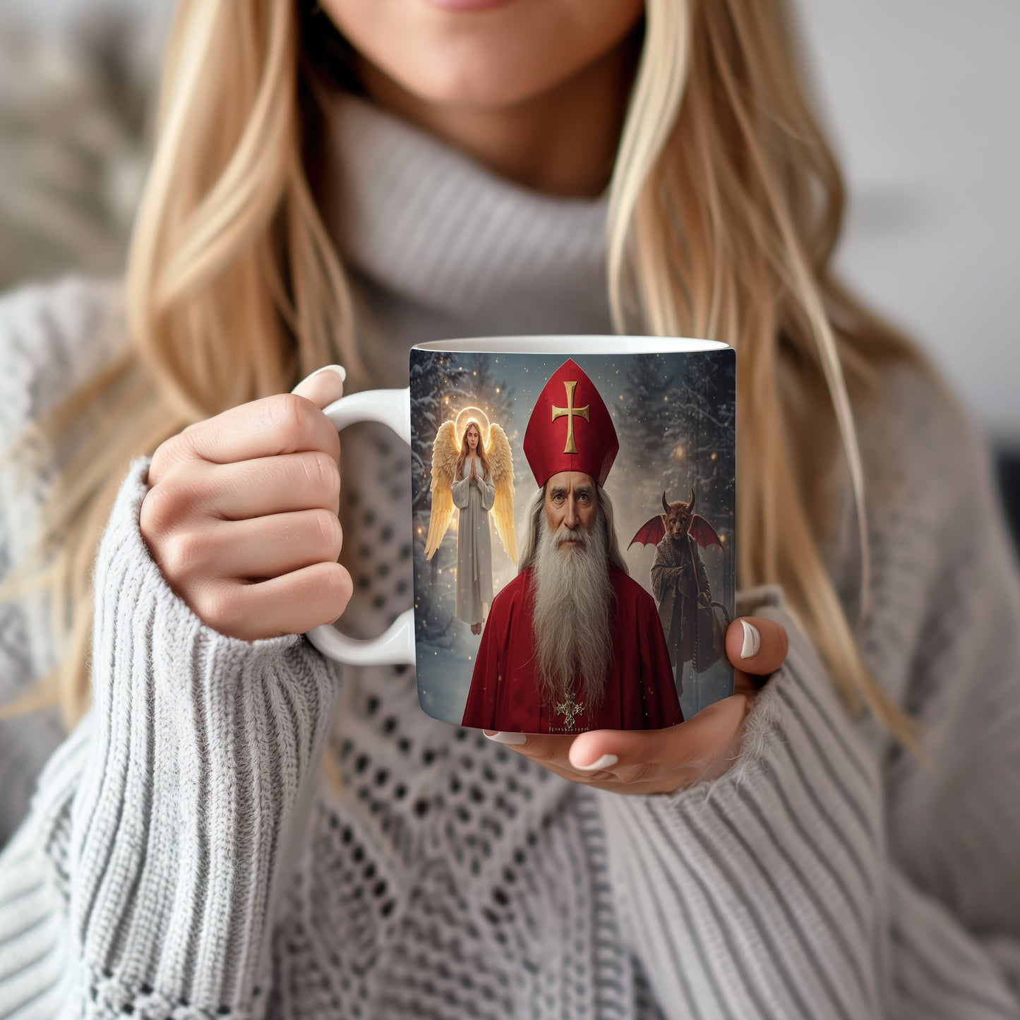 Hrnek s motivem Mikuláše, čerta a anděla – tajemný zimní večer