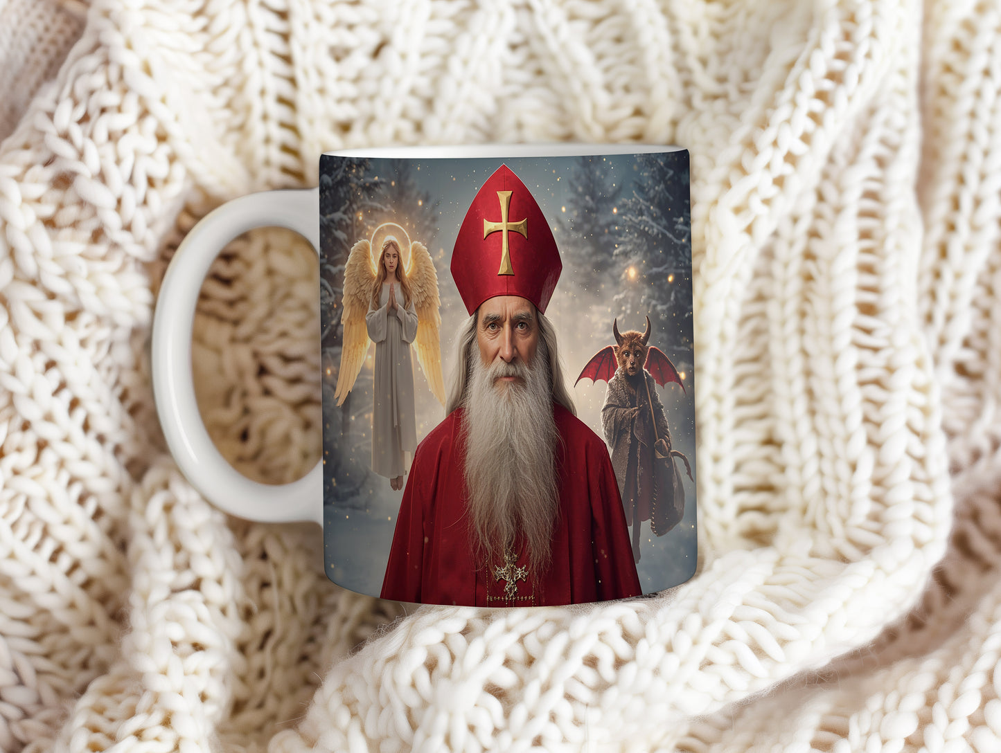 Hrnek s motivem Mikuláše, čerta a anděla – tajemný zimní večer