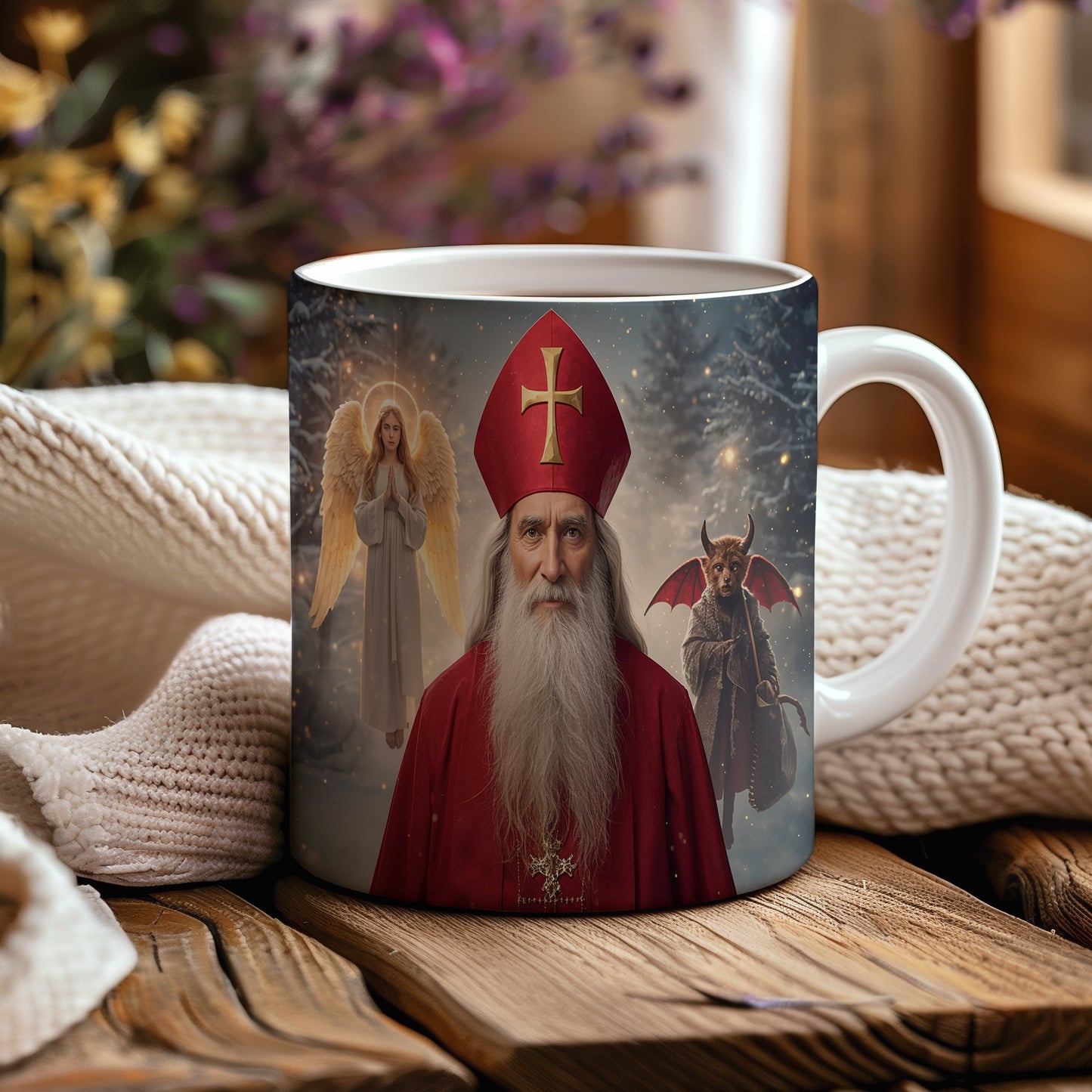 Hrnek s motivem Mikuláše, čerta a anděla – tajemný zimní večer