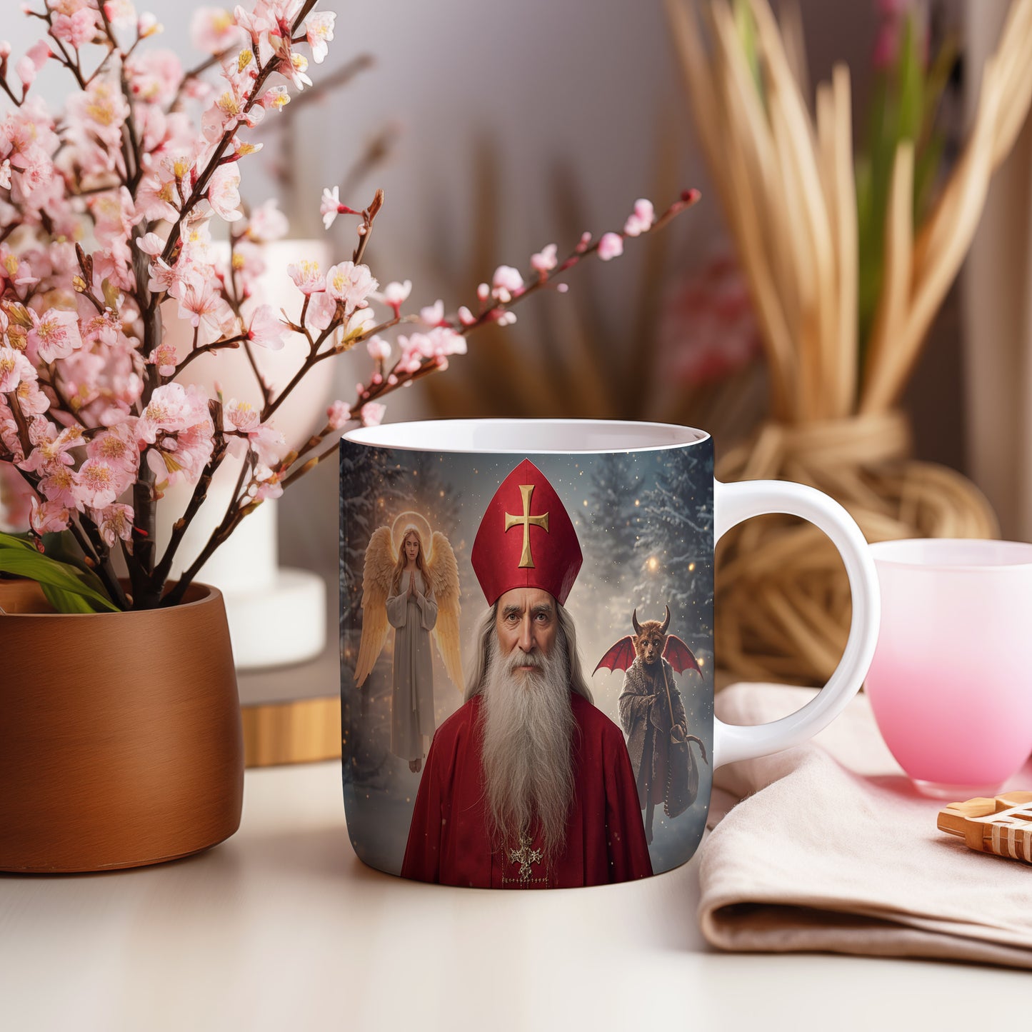 Hrnek s motivem Mikuláše, čerta a anděla – tajemný zimní večer