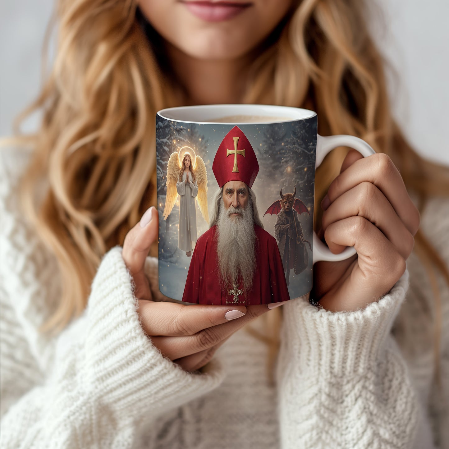 Hrnek s motivem Mikuláše, čerta a anděla – tajemný zimní večer