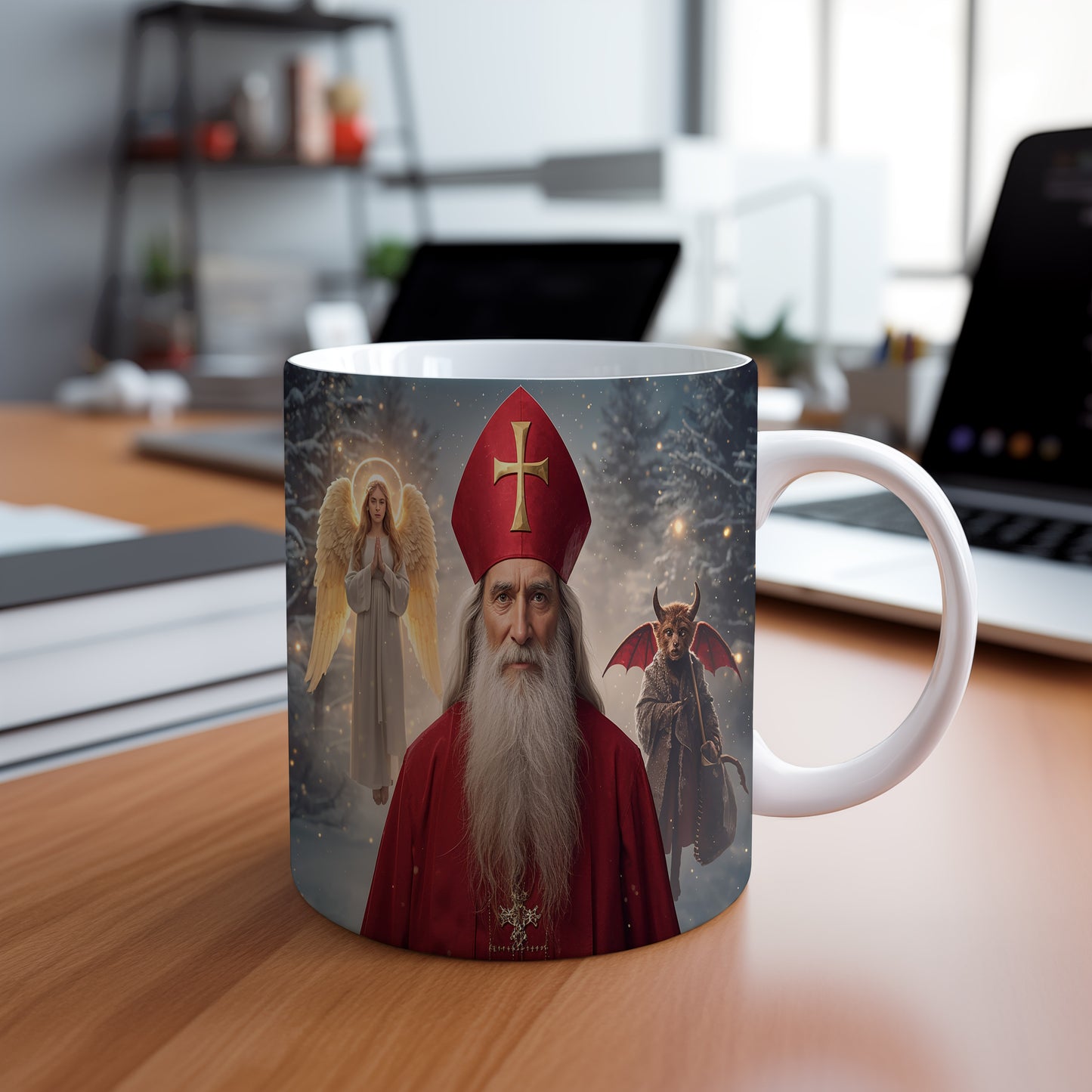 Hrnek s motivem Mikuláše, čerta a anděla – tajemný zimní večer