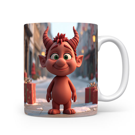 Čertík stojí v zimní ulici s dárky