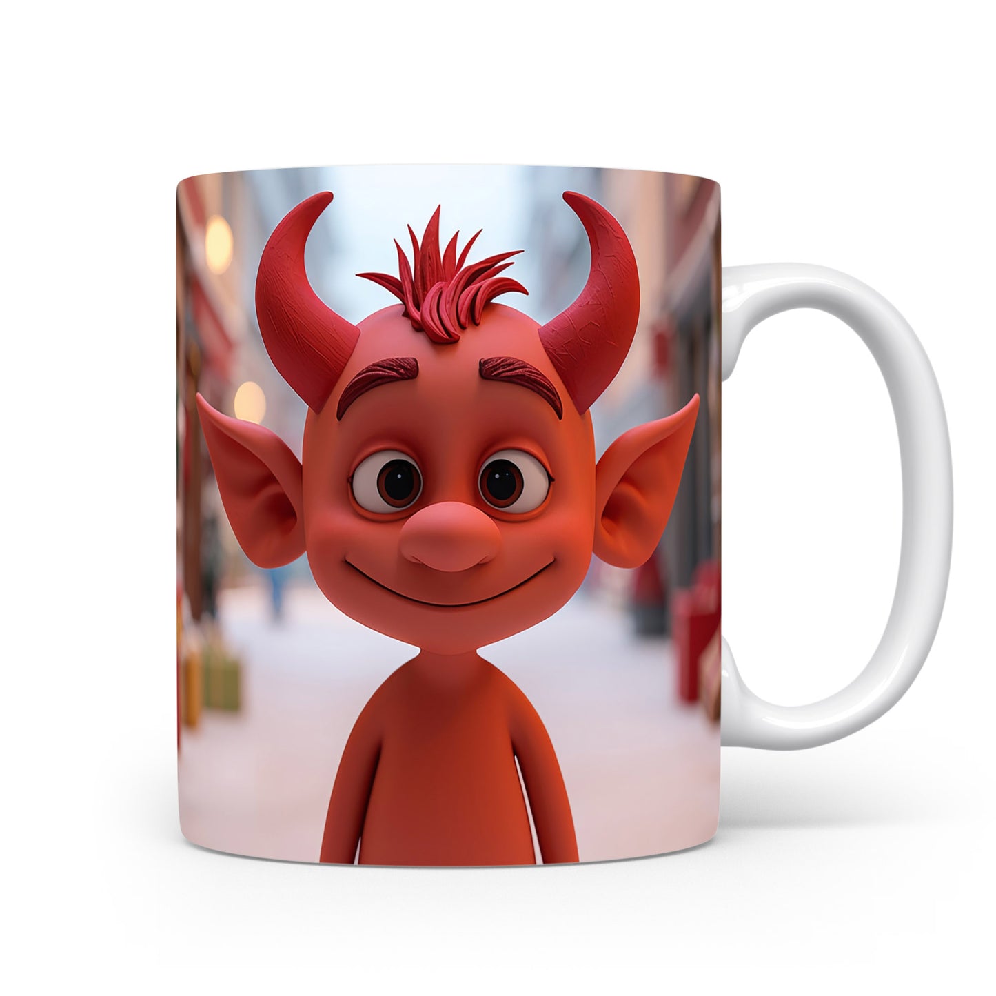 Čert na hrnku s pozadím zimní ulice