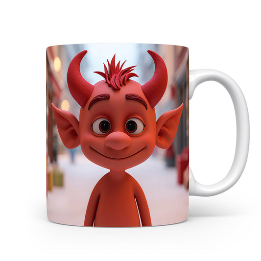 Čert na hrnku s pozadím zimní ulice