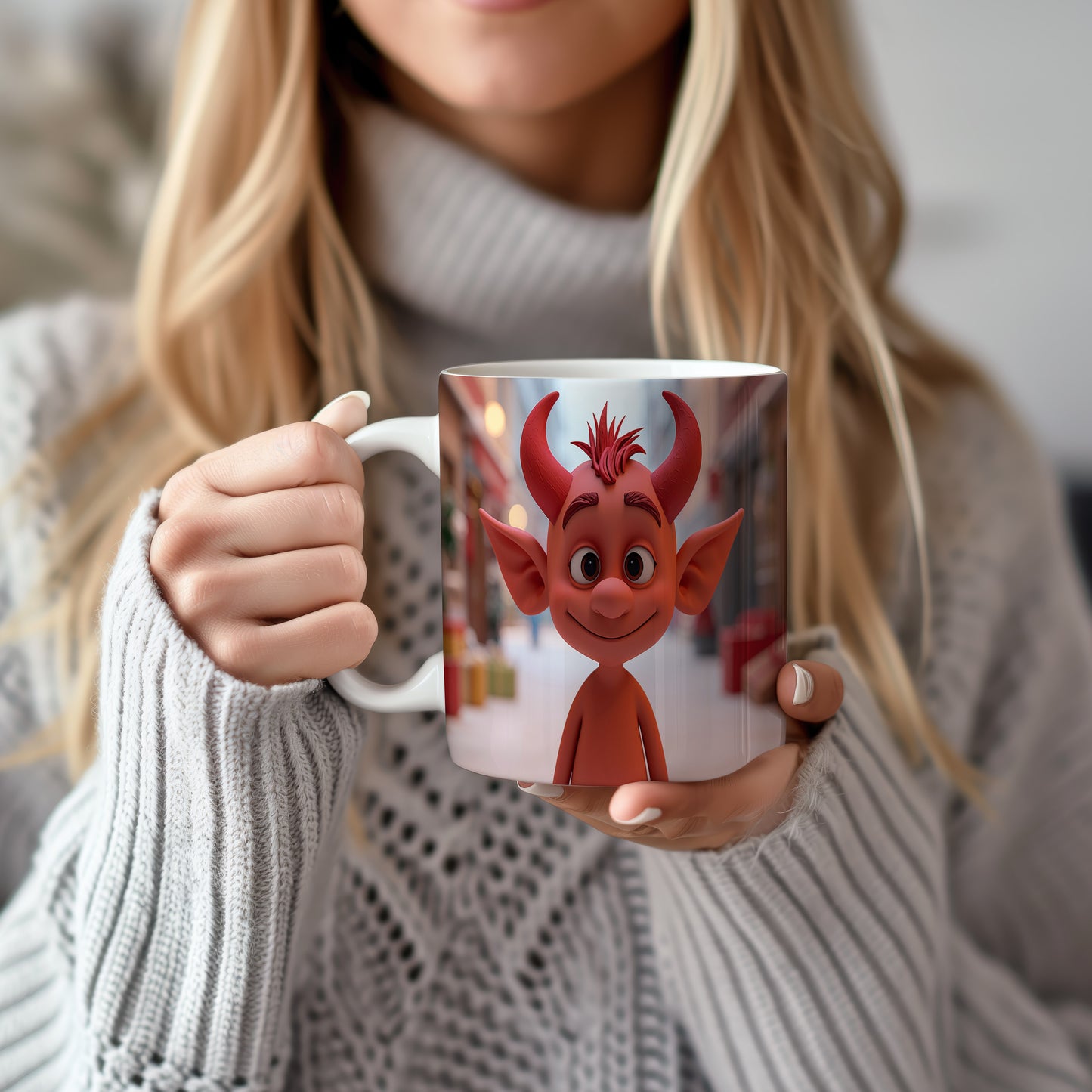 Hrnek s motivem čerta – veselá zimní ulice